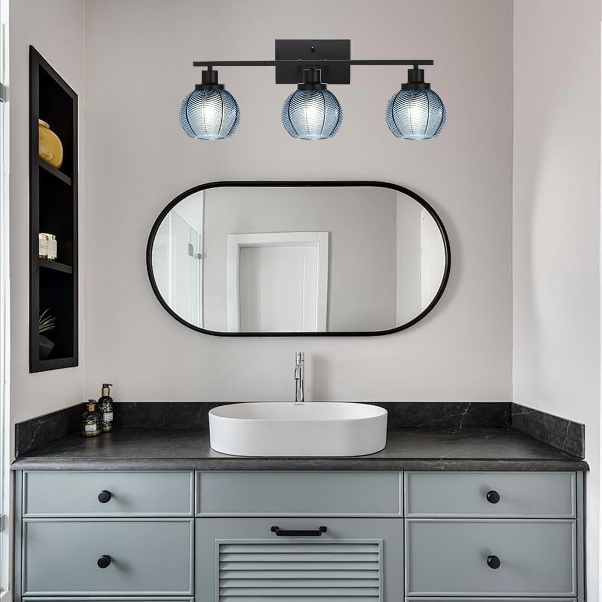 Mid Century Blue Wall Sconce 3-Light Vanity Lighting Fixture | Anti-Rust Black Metal Vanity Light, Thick Ribbed Blue Textured Globe Glass, E26 Base, Wall Mount Bath Sconce for Bedroom