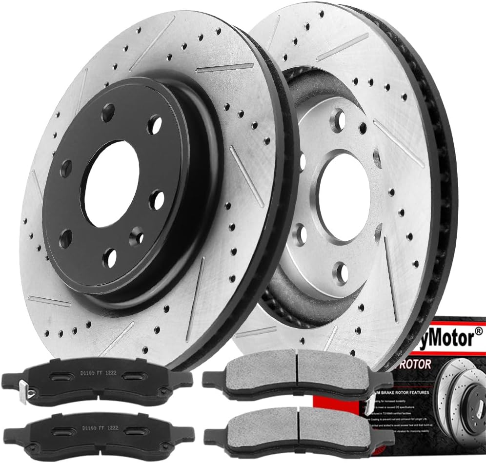 MotorbyMotor 325mm Front Brake Kit Rotors and Brake Pads Fits for Buick Enclave, Chevy Traverse, GMC Acadia (Limited), Saturn Outlook Drilled & Slotted Disc Brake Rotor & Ceramic Pad 55150, 120.66069