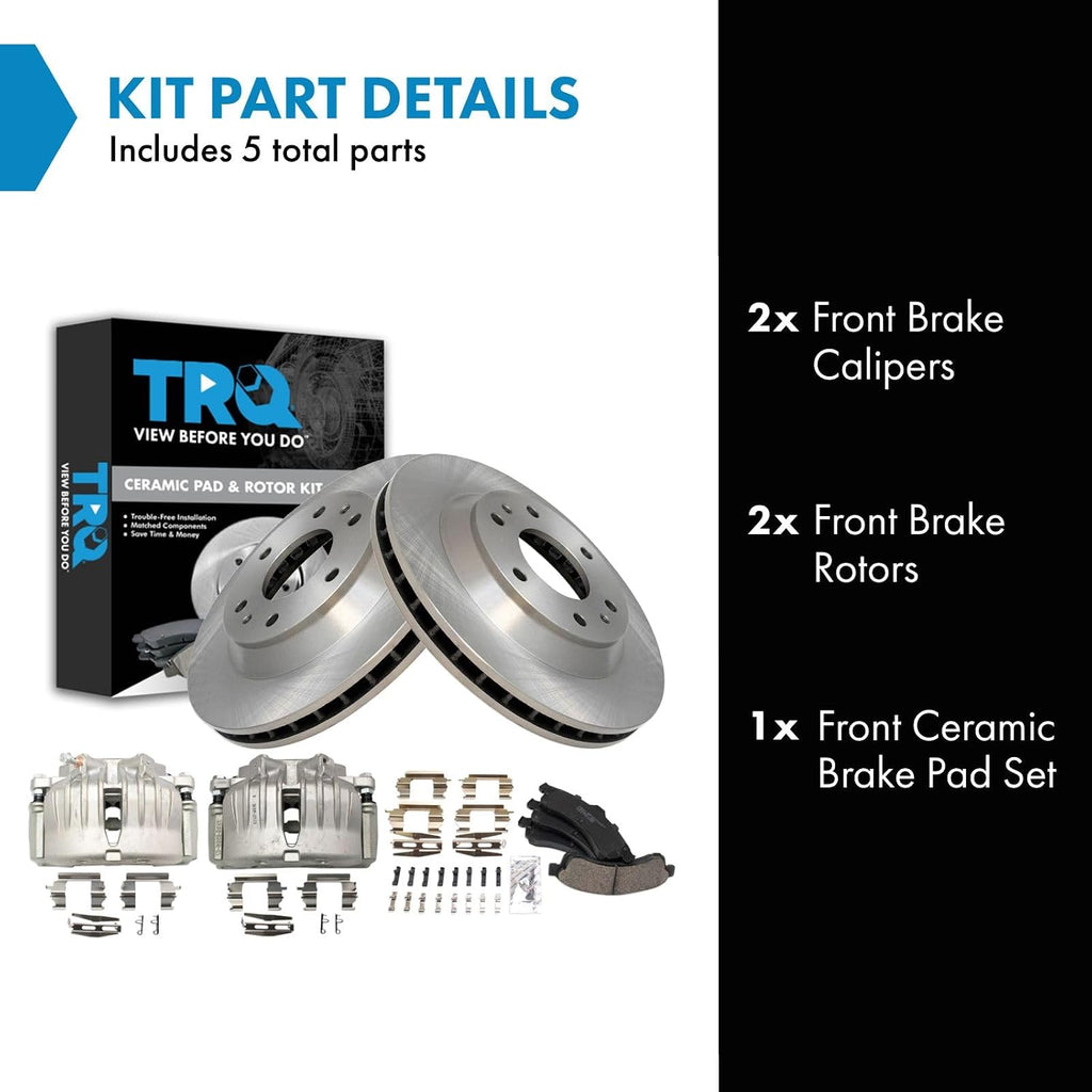 TRQ Front Brake Pad and Rotor Set Ceramic Vented Rotors Calipers Compatible with 2002-2005 Chevrolet Trailblazer GMC Envoy 2002-2004 Oldsmobile Bravada 2004-2005 Buick Rainier 2005 Isuzu Ascender