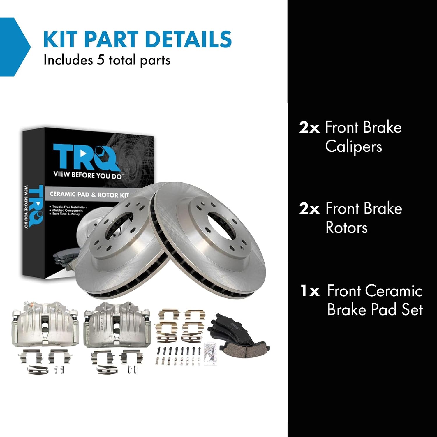 TRQ Front Brake Pad and Rotor Set Ceramic Vented Rotors Calipers Compatible with 2002-2005 Chevrolet Trailblazer GMC Envoy 2002-2004 Oldsmobile Bravada 2004-2005 Buick Rainier 2005 Isuzu Ascender