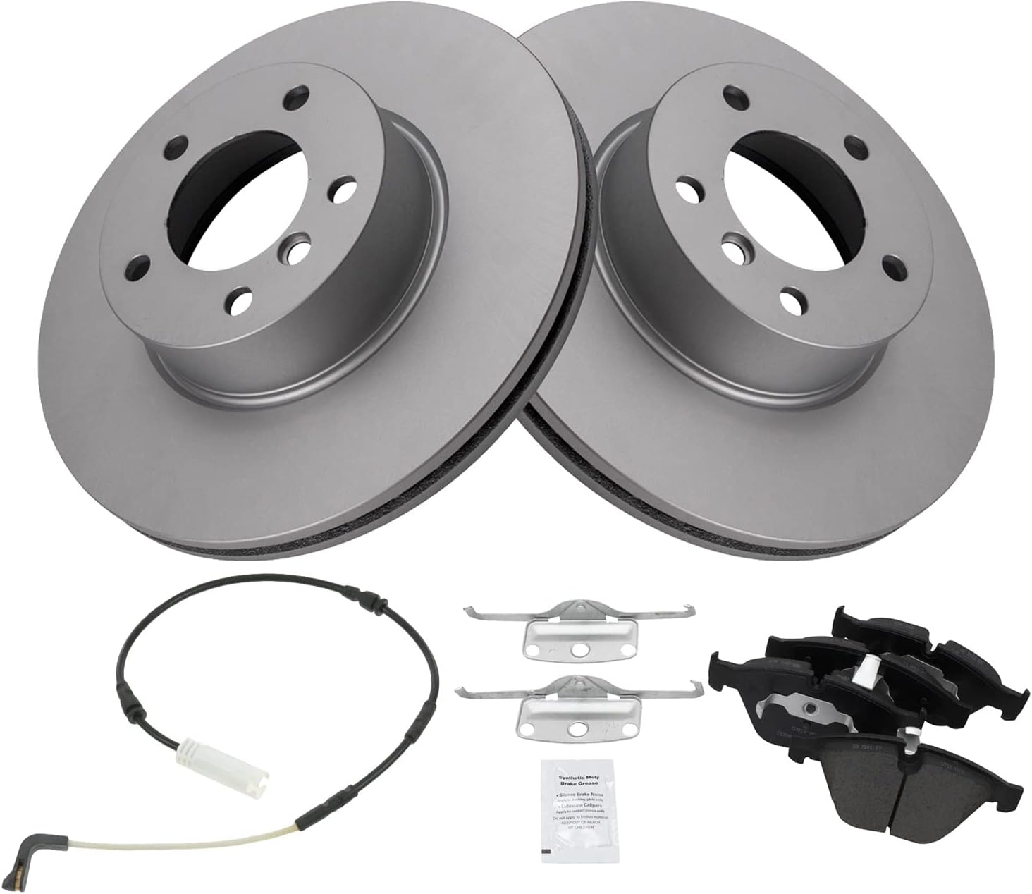 TRQ Front Brake Pad and Rotor Set Ceramic G Coated Vented Rotors Wear Sensor Compatible with 2007-2010 BMW 328i 2009-2010 328i xDrive