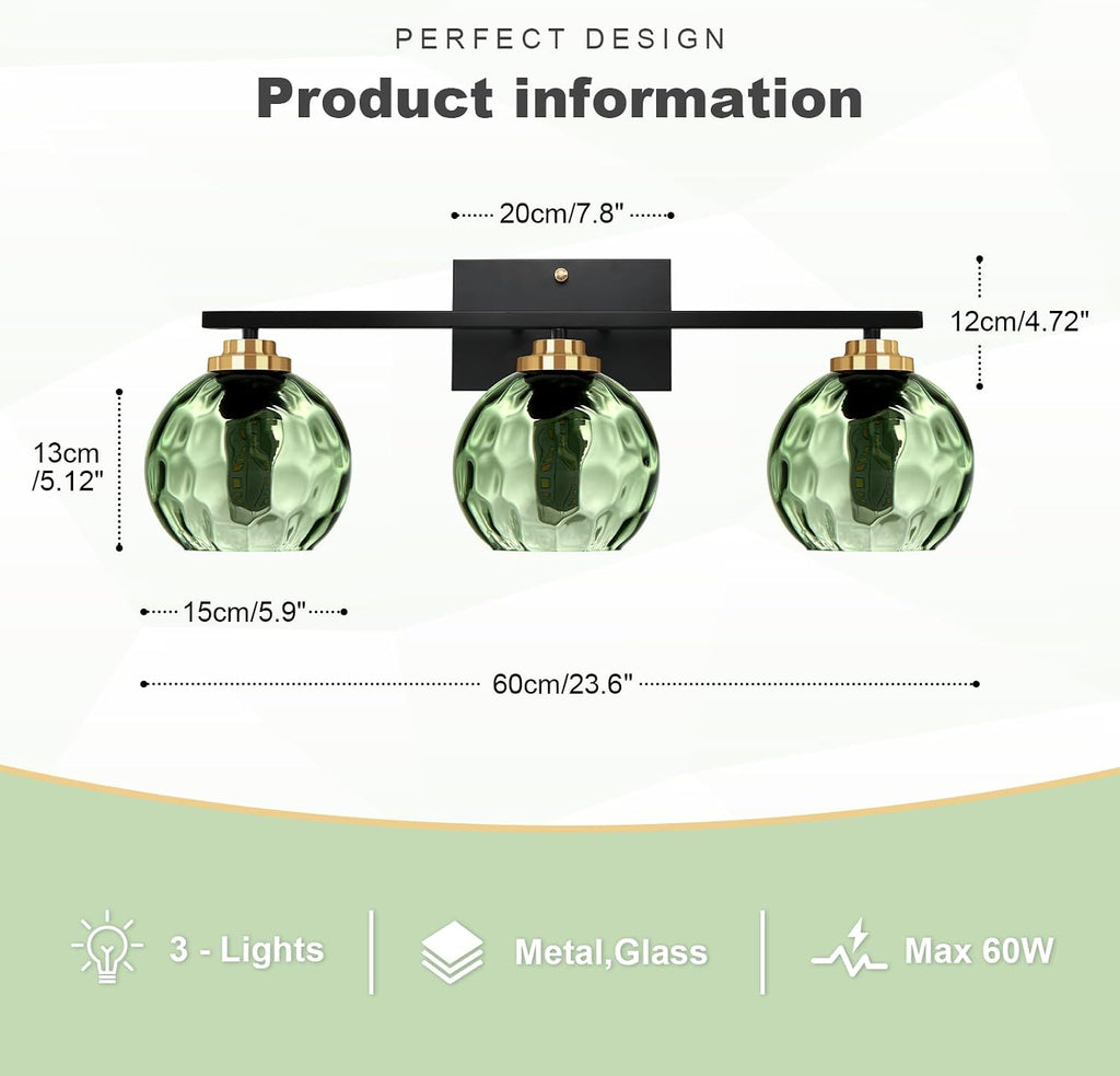 Glass Bathroom Vanity Light Matte Black Mid Century Wall Light Fixtures 3-Light 23.6 Inch Green Globe Shade Indoor Green Glass Wall Sconce for Bedroom Hallway Bedside
