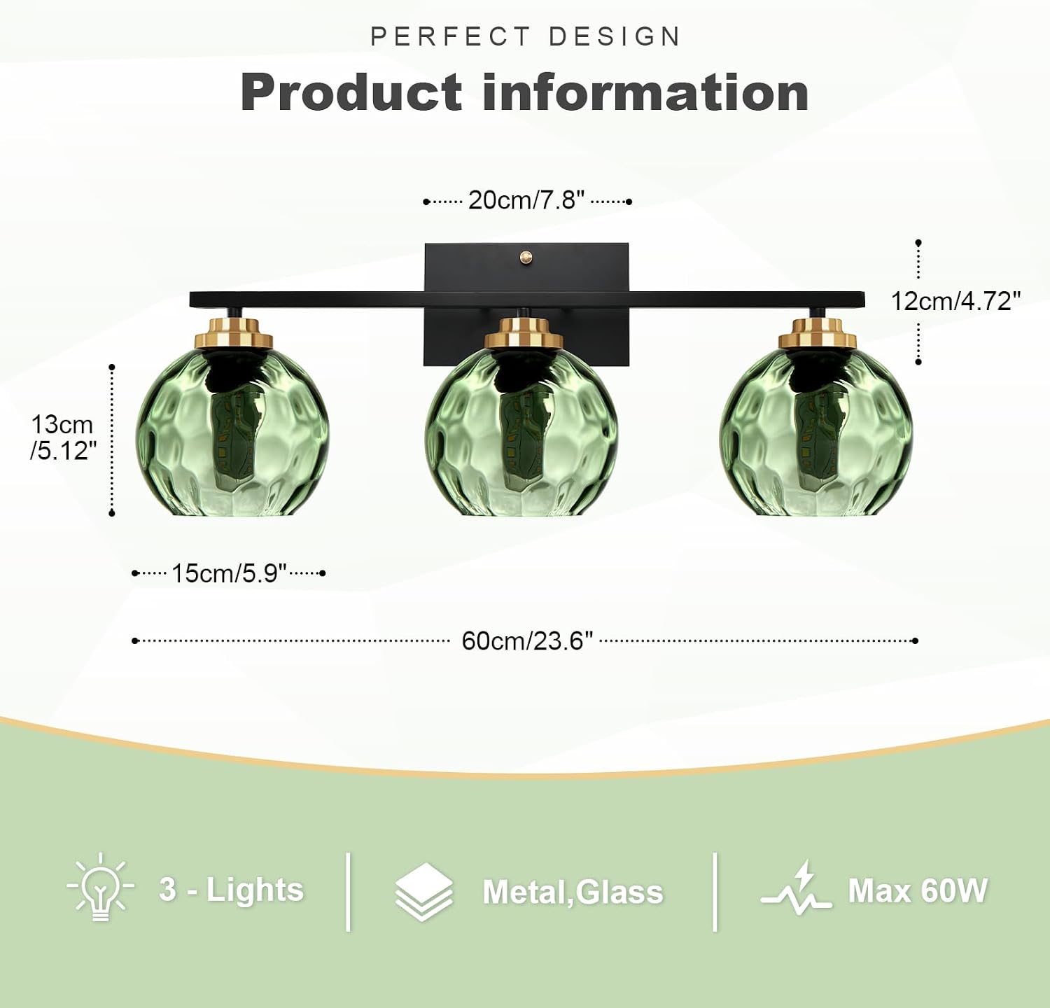 Glass Bathroom Vanity Light Matte Black Mid Century Wall Light Fixtures 3-Light 23.6 Inch Green Globe Shade Indoor Green Glass Wall Sconce for Bedroom Hallway Bedside