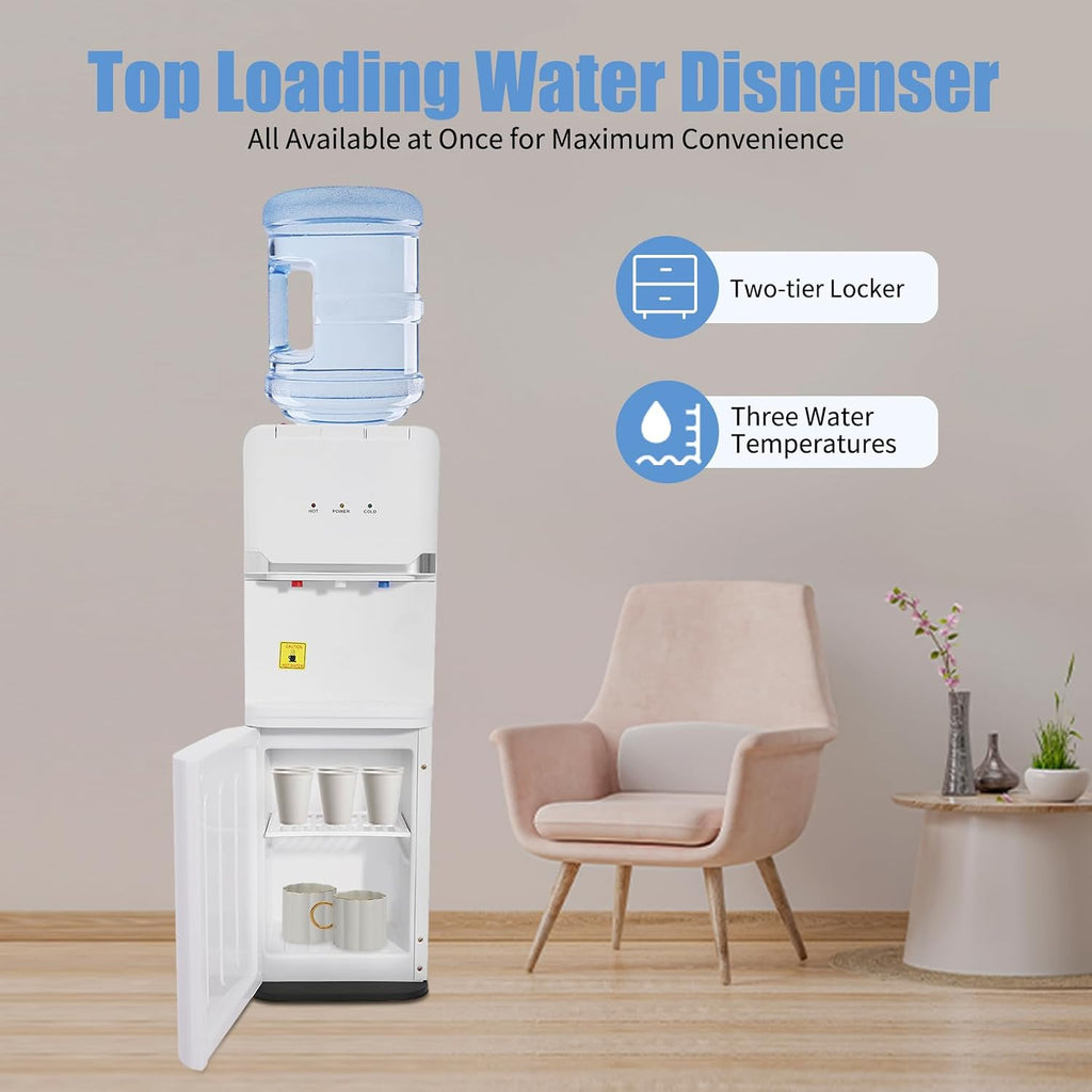 Top Loading Water Cooler Water Dispenser with Two-Tier Locker, Water Cooler Dispenser for 5 Gallon, Top Load Hot & Cold & Warm Water Dispenser (White)