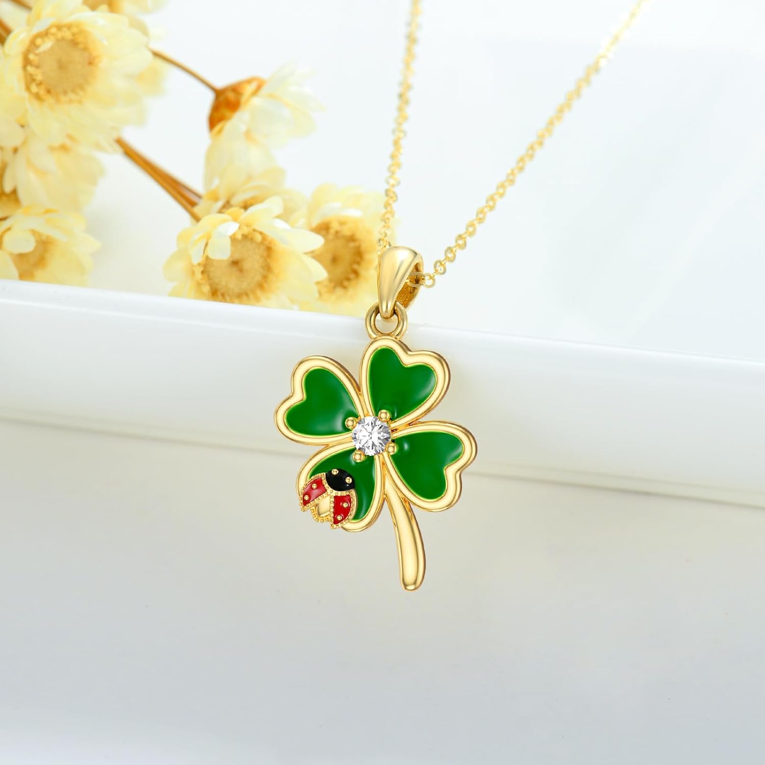 Aihpos Four Leaf Clover Necklace for Women 14K Solid Gold Green Lucky 4 Leaf Clover Necklace Ladybug Necklace