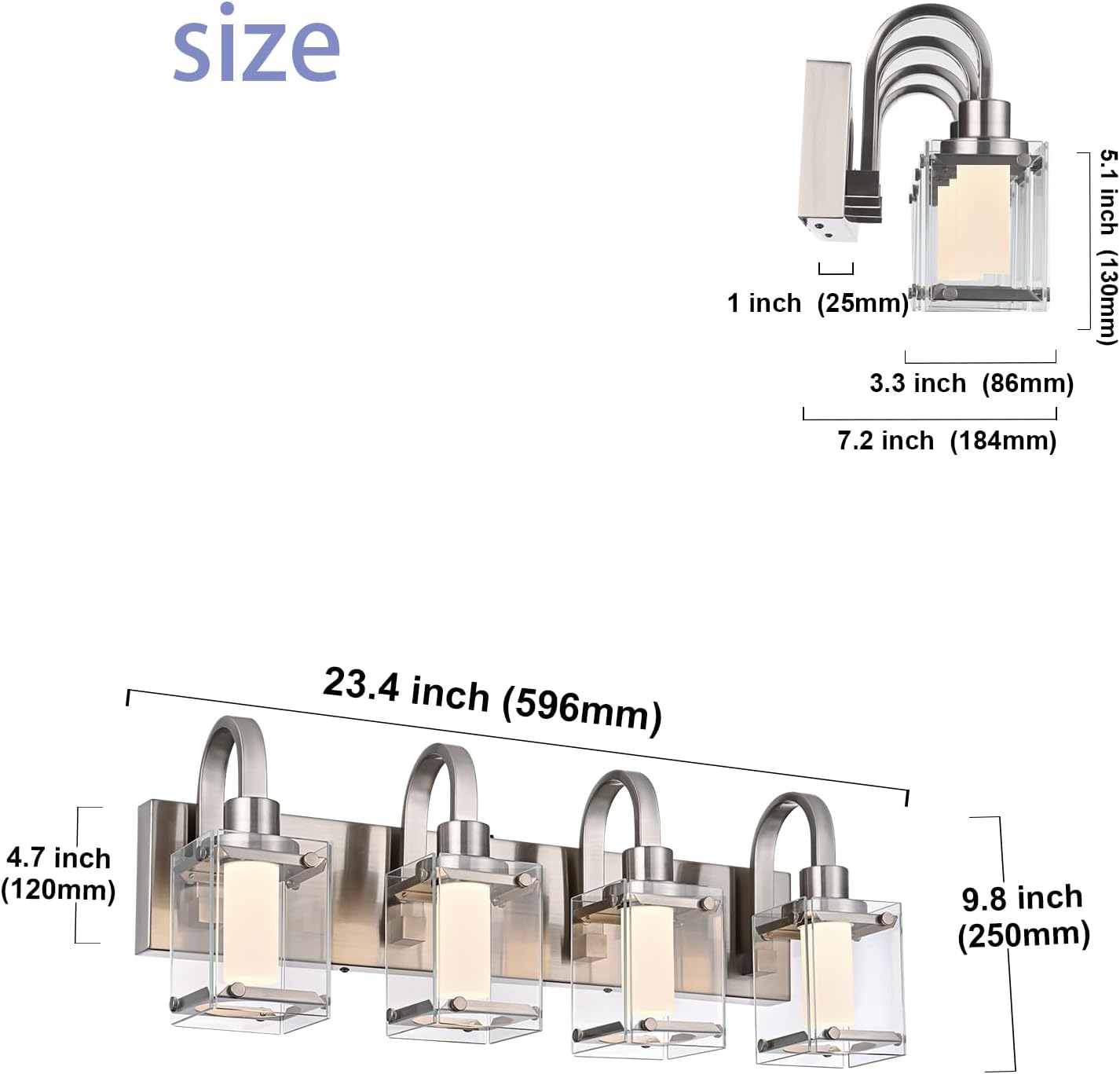 4-Light Brushed Nickel Vanity Light Fixtures, Modern LED Bathroom Wall Lights for Dressing Room, Integrated LED Chips with Frosted Column & Clear Square Glass Shades, Energy Saving Wall Sconce