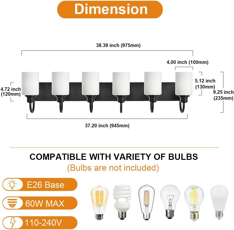 6 Light Wall Lighting Fixture in Matte Black Finish,Classic Bathroom Vanity Light with Opal White Glass Shade Modern Wall Lamp Sconces for Hallway Makeup Table
