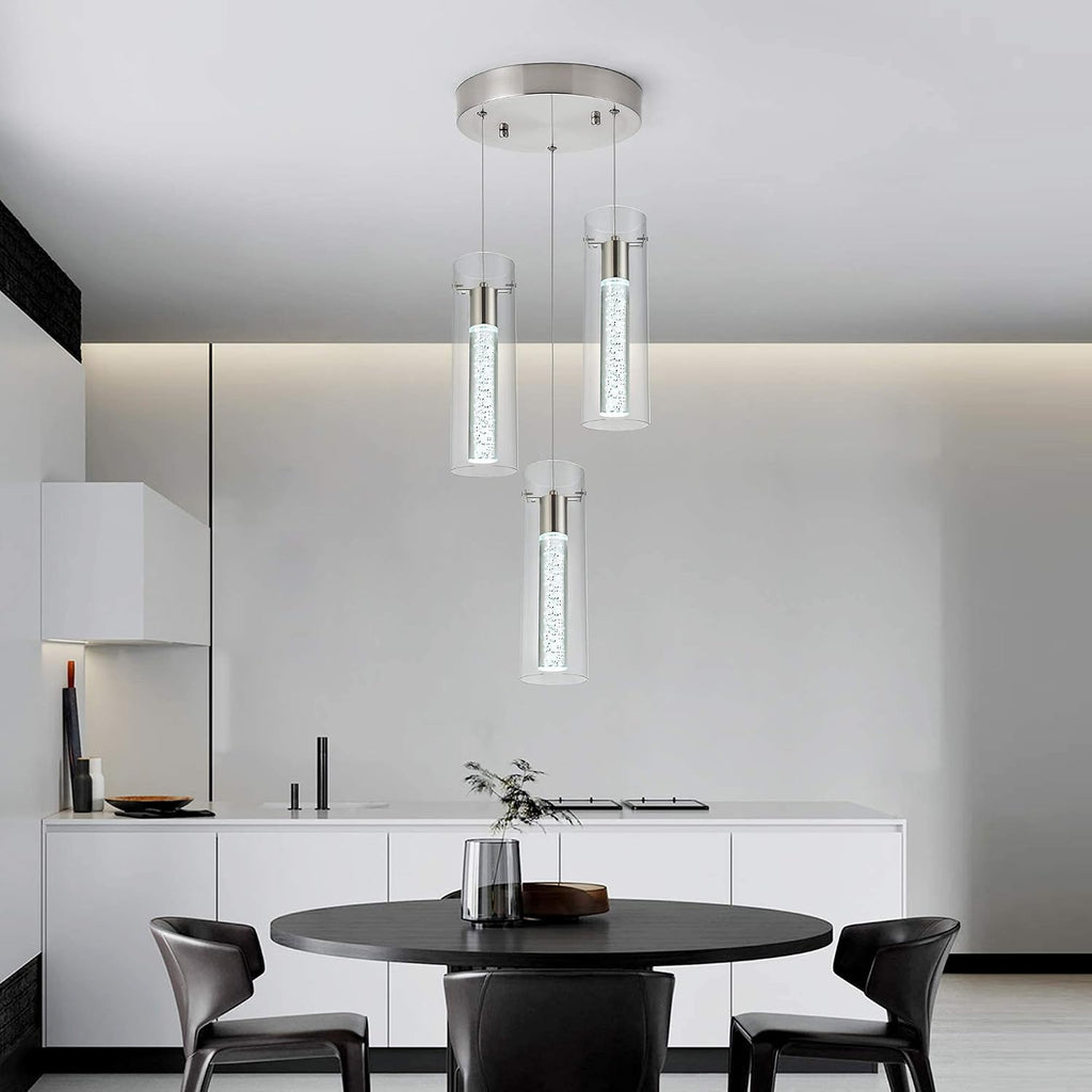 Kitchen Lighting Pendant Fixtures 3-Light LED Pendant Ceiling Fixture Brushed Nickel Bubble Cylinder Pendant Light with Adjustable Length for Kitchen Island Dinning Room Bedroom