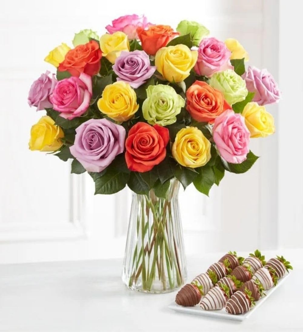 Shari's Berries 24 Assorted Roses with Vase & 12 Gourmet Chocolate Covered Strawberries Gift Set| Flower & Chocolate Gift Delivery for Birthdays, Anniversaries, Weddings, or Saying Thank You