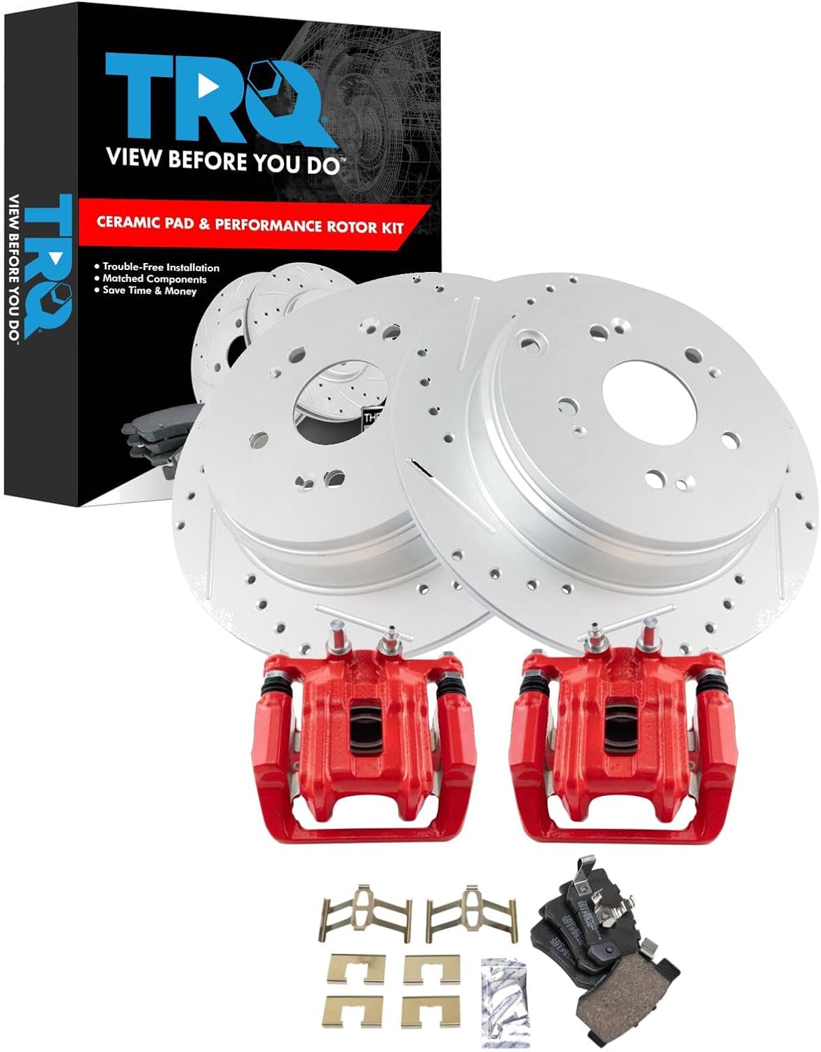 TRQ Performance Rear Brake Pad and Rotor Set Ceramic Slotted Drilled Coated Calipers Compatible with 2010-2012 Acura RDX 2007-2011 Honda CR-V