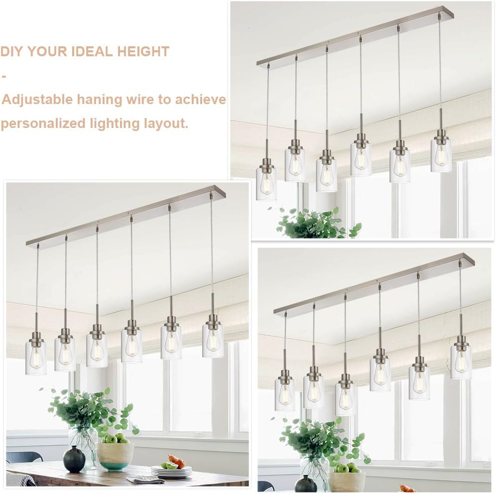 6-Lights Pendant Lighting for Kitchen Island in Brushed Nickel, Ceiling Light Fixtures with Adjustable Hanging Wire & Clear Glass Shades