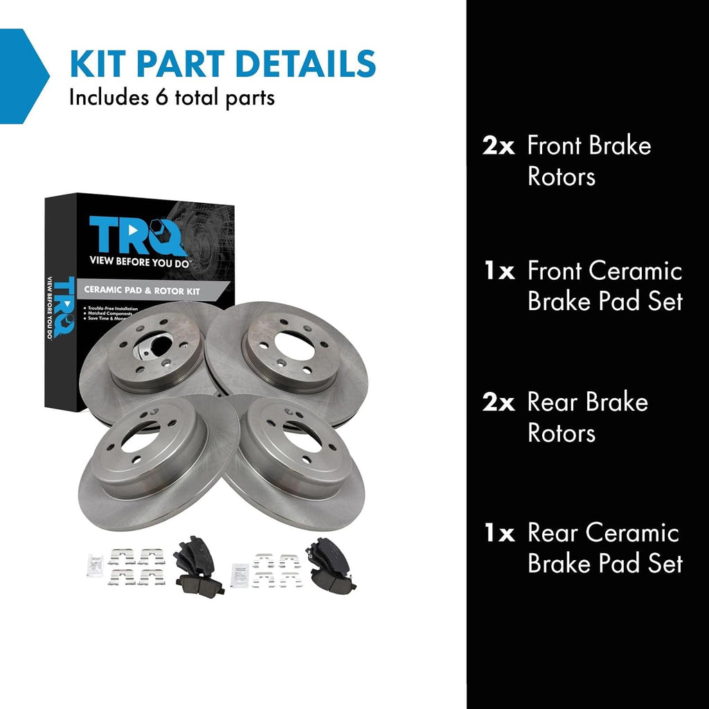 TRQ Front and Rear Brake Pad and Rotor Set Ceramic Vented Solid Rotors Compatible with 2012-2017 Hyundai Accent Kia Rio