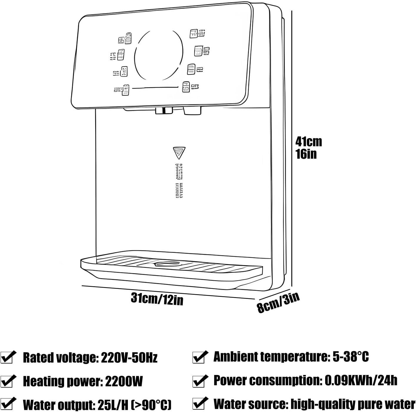 2200W Wall-Mounted Water Dispenser with Safety Children's Lock, Adjustable Temperature, Large Screen Touch, Hot Water 25L/h, for House/Office(Gray)