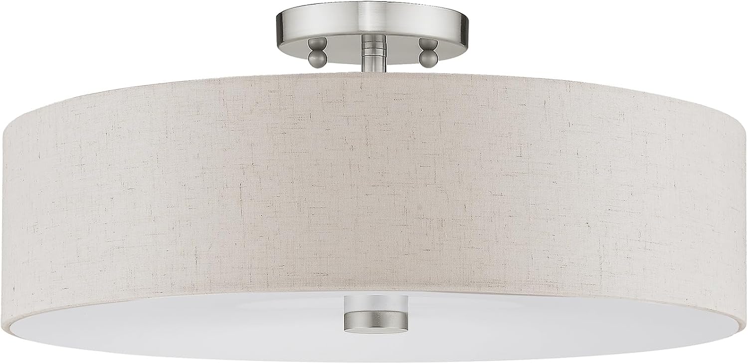 Livex Lighting 52136-91 Meridian Collection 4-Light Semi Flush Mount Ceiling Fixture with Oatmeal Color Fabric Hardback Drum Shade and Satin White Diffuser, Brushed Nickel