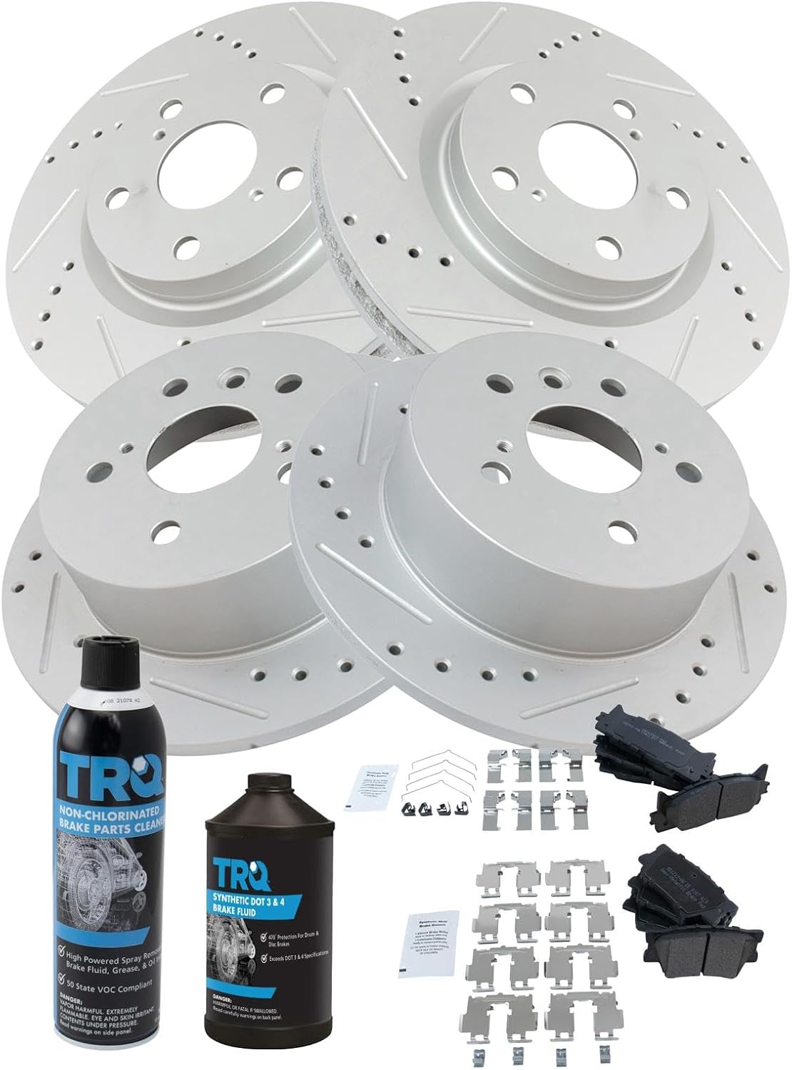 TRQ Front & Rear Brake Pad & Rotor Kit Performance Semi-Metallic Premium G-Coated Slotted X Drilled Compatible with 2013-2018 Lexus ES300h ES350 Toyota Avalon 2012-2017 Camry