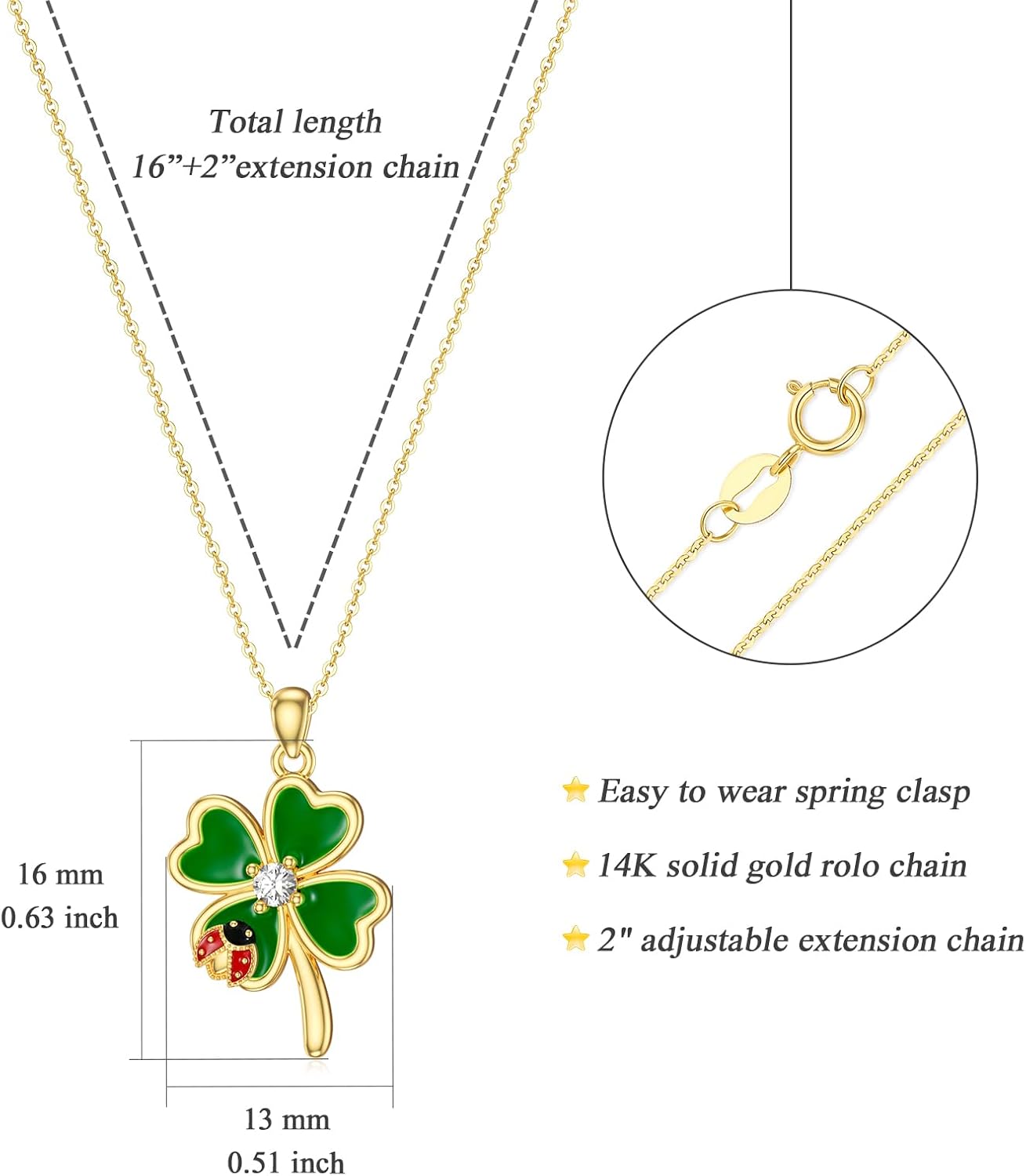 Aihpos Four Leaf Clover Necklace for Women 14K Solid Gold Green Lucky 4 Leaf Clover Necklace Ladybug Necklace