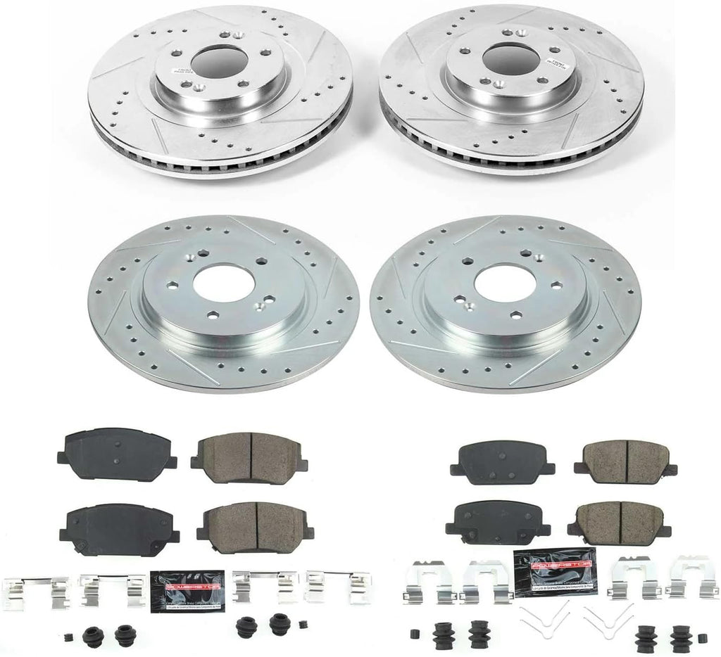 PowerStop Front and Rear Brake Kit for Hyundai Santa Fe 2019-20 - Drilled and Slotted Disc Rotors with Carbon-Fiber Ceramic Brake Pads Replacement, K8308