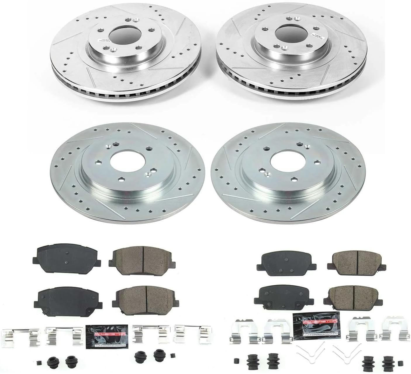 PowerStop Front and Rear Brake Kit for Hyundai Santa Fe 2019-20 - Drilled and Slotted Disc Rotors with Carbon-Fiber Ceramic Brake Pads Replacement, K8308
