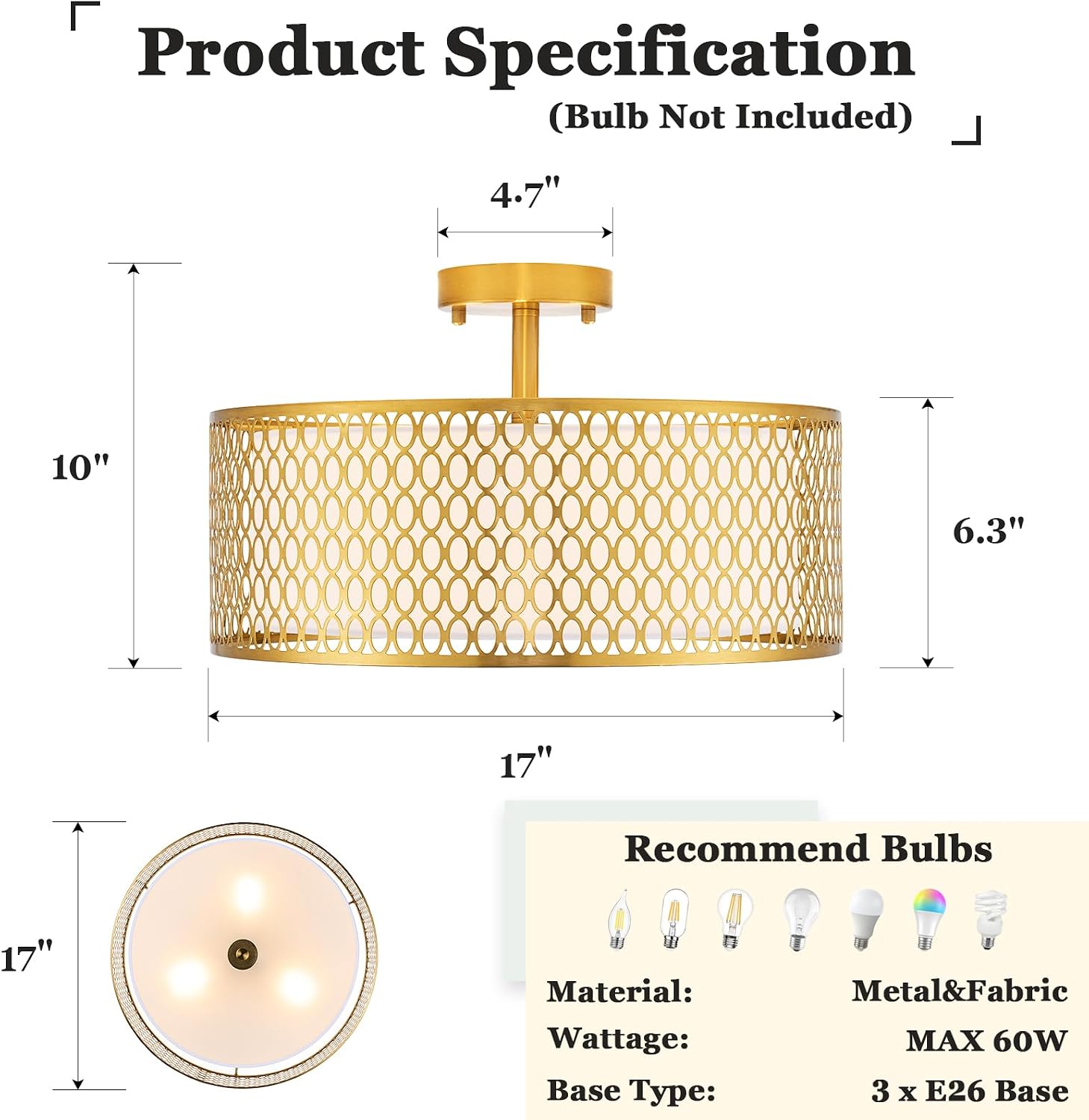 17' Semi Flush Mount Ceiling Light Fixture, 3-Light Gold Light Fixture, Close to Ceiling Light Fixture with White Fabric Lampshade and Gloden Iron Mesh Cage for Dining Room Living Room Bedroom