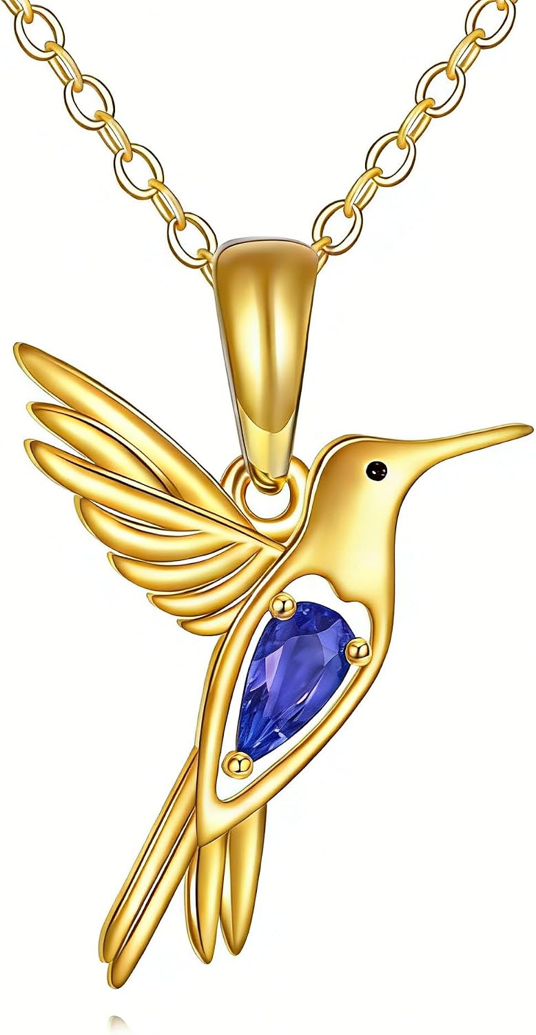 DOVRAN Real Solid Gold Birthstone Butterfly/Dragonfly/Bee/Hummingbird Necklace for Women Yellow Gold Animal Pendant for Christmas Dainty Jewelry Birthday Gifts for Mom Wife