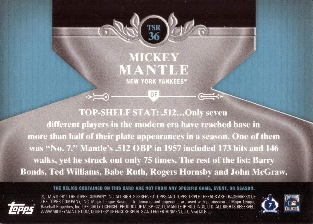 2011 Topps Tier One Top Shelf Relics #TSR36 Mickey Mantle Game Used Bat Baseball Card - Only 399 made!