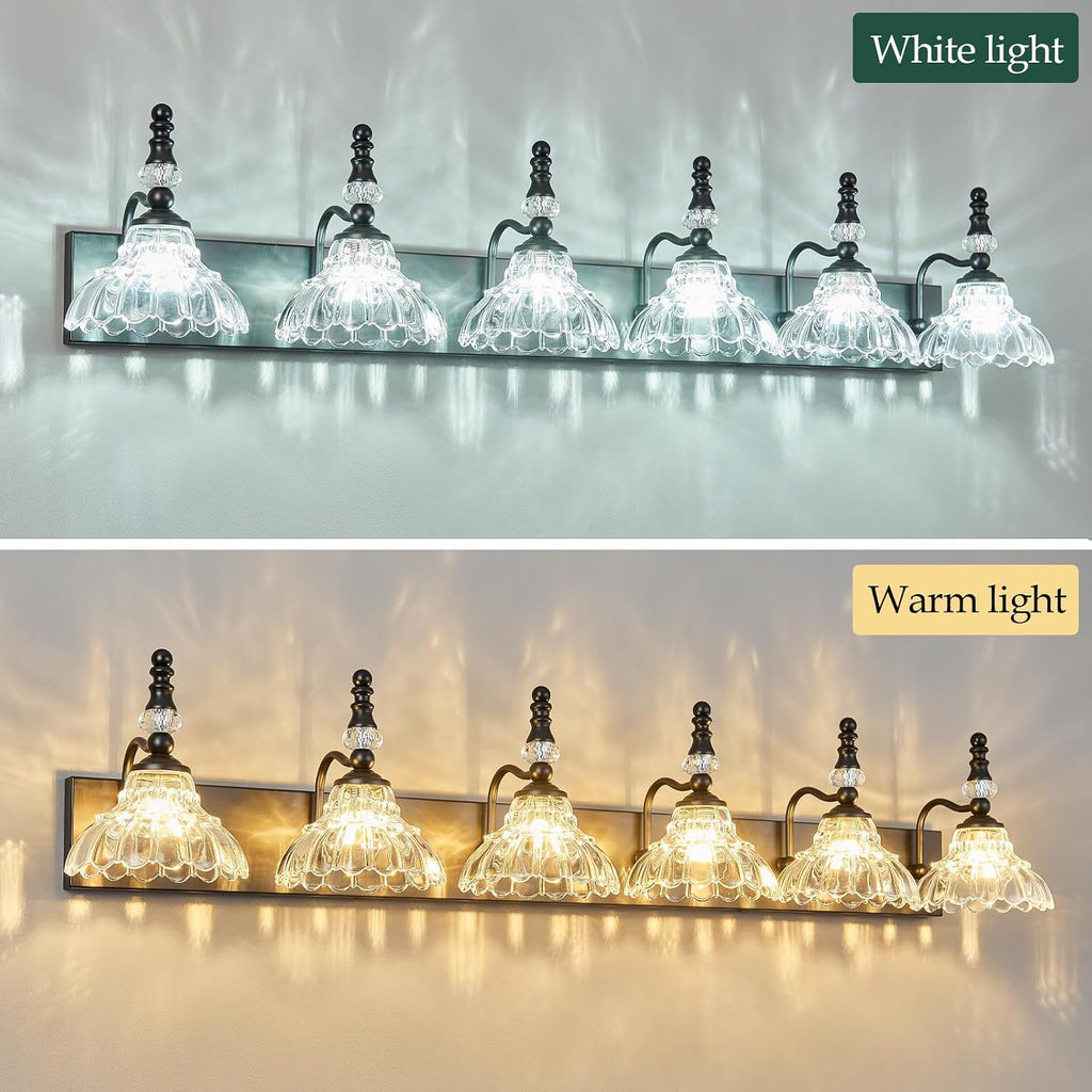 Vintage Bathroom Vanity Light, 6-Light Black Vanity Lighting Fixture with Flower Glass Shade, Bathroom Lighting Fixtures Over Mirror