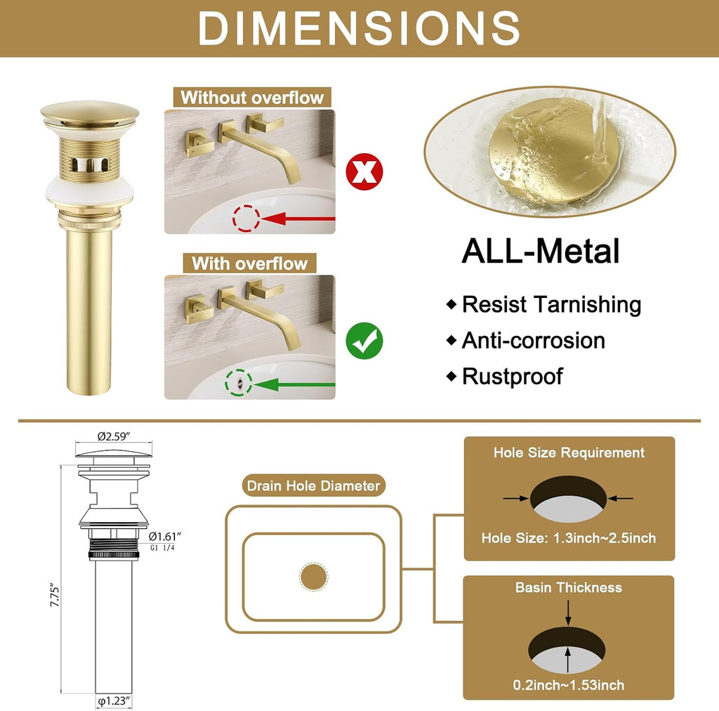 Brass Wall Mount Bathroom Faucet,Wall Mounted Vessel Sink Faucet with Dual Lever Handles,Widespread 3 Holes Wall Faucet for Vanity Lavatory Sink,Pop Up with Overflow Drain Assembly Included