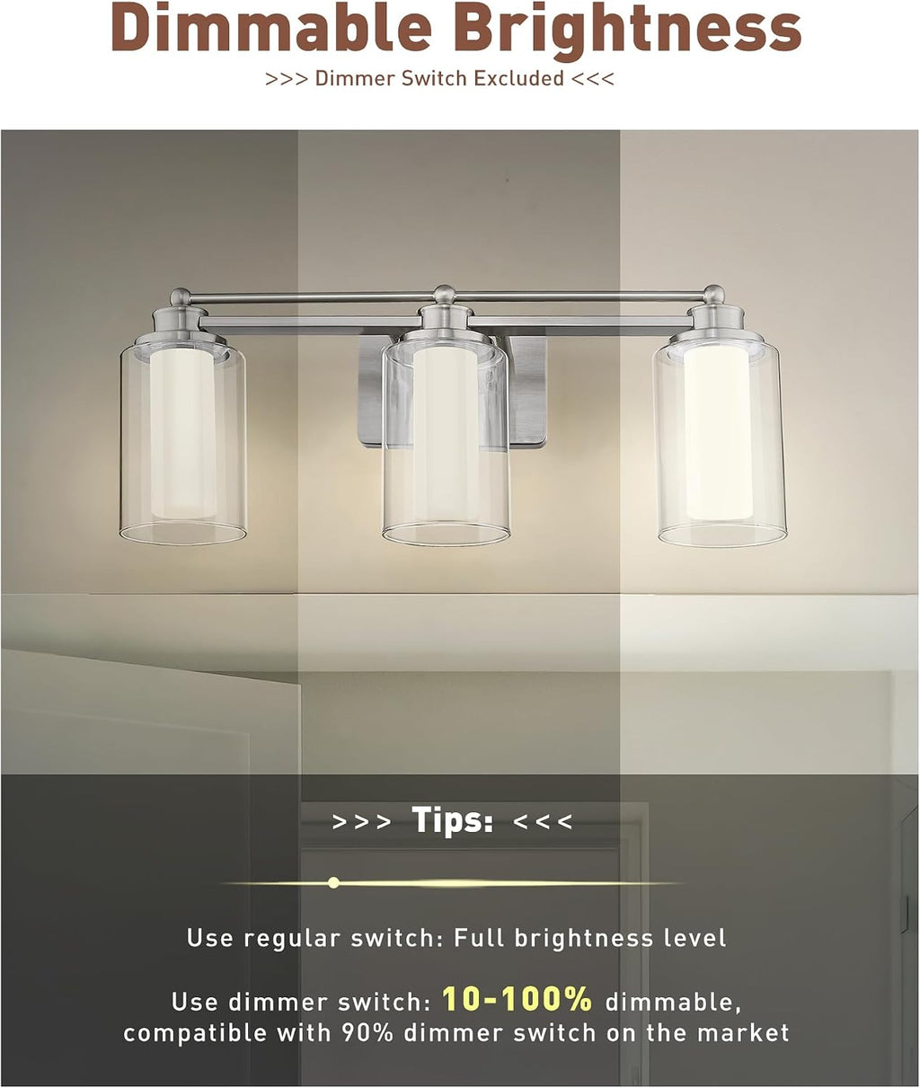 Modern Bathroom Light Fixtures, HWH Brushed Nickel Vanity Lights for Bathroom, Wall Light Fixtures Clear Glass, LED Vanity Lights 5CCT Dimmable 18W, 5HLT63B-3W-LED BN