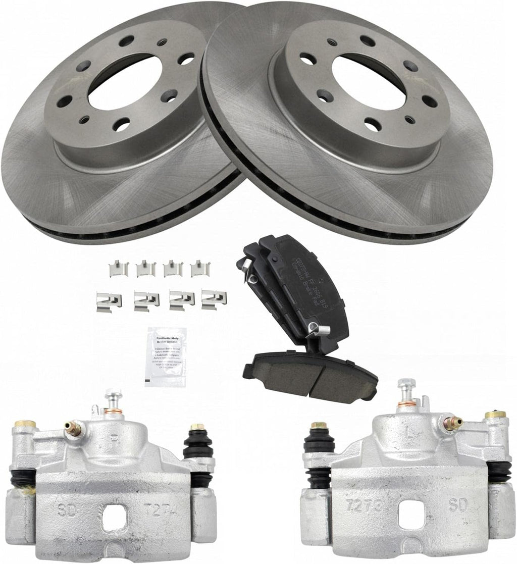 TRQ Front Brake Pad and Rotor Set Ceramic Vented Rotors Calipers Compatible with 1990-2000 Honda Civic 1993-1997 Civic del Sol 1990-1991 CRX