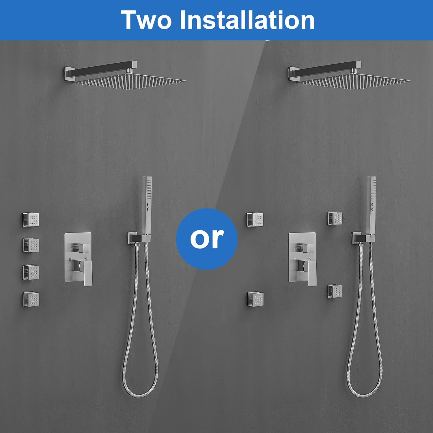 RUMOSE Rainfall Shower System with 4 Body Jets Wall Mounted 4 Mode Shower Faucet Set with 12 Inch Rain Shower Head and 2 in 1 Handheld Spray, Brushed Nickel Brass Shower Fixtures, Rough-in Valve