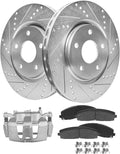 Detroit Axle - Front Brake Kit for Chrysler Town & Country Pacifica Voyager Dodge Grand Caravan Ram C/V Drilled & Slotted Brake Rotors Brake Pads Left Brake Caliper Replacement