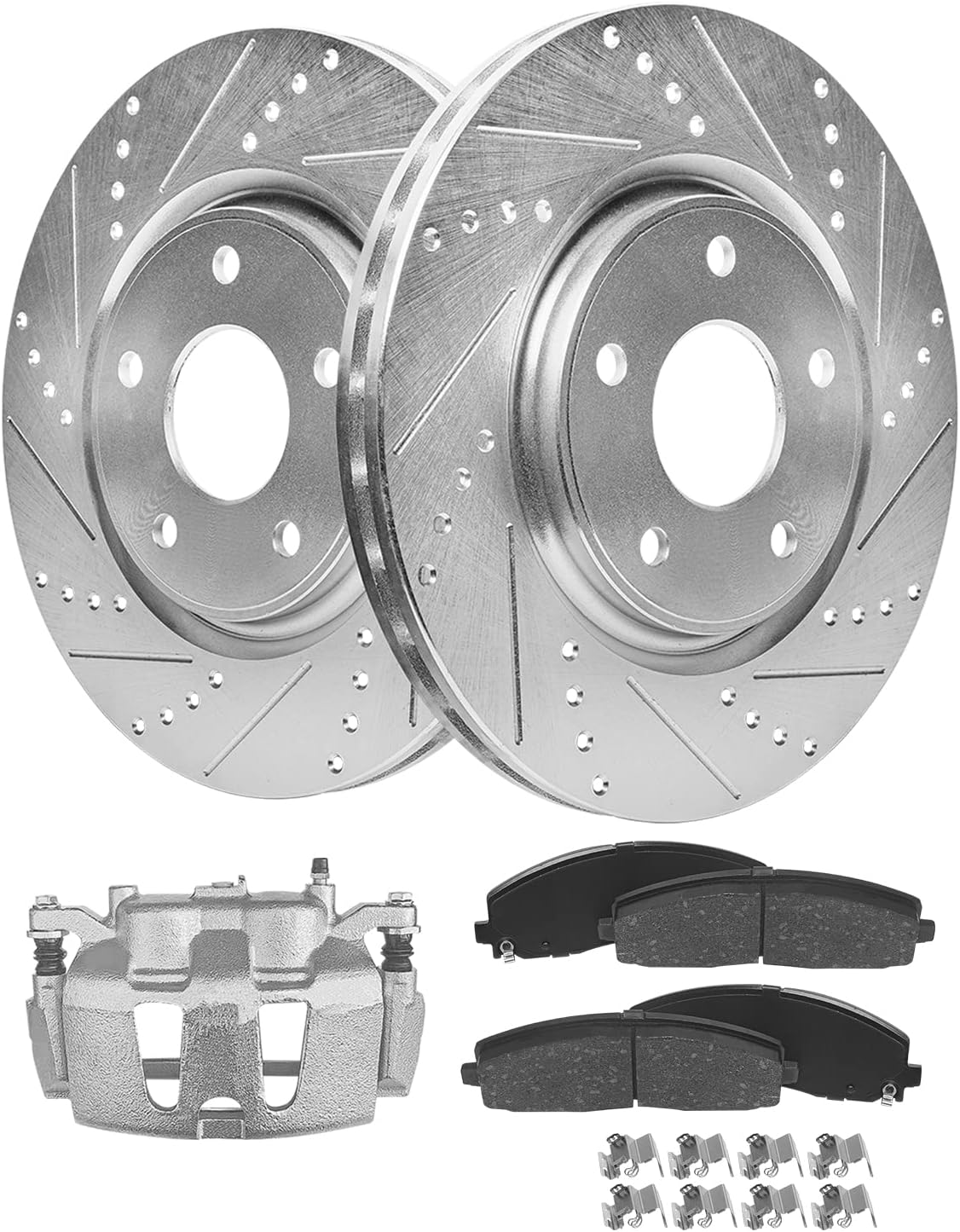 Detroit Axle - Front Brake Kit for Chrysler Town & Country Pacifica Voyager Dodge Grand Caravan Ram C/V Drilled & Slotted Brake Rotors Brake Pads Left Brake Caliper Replacement