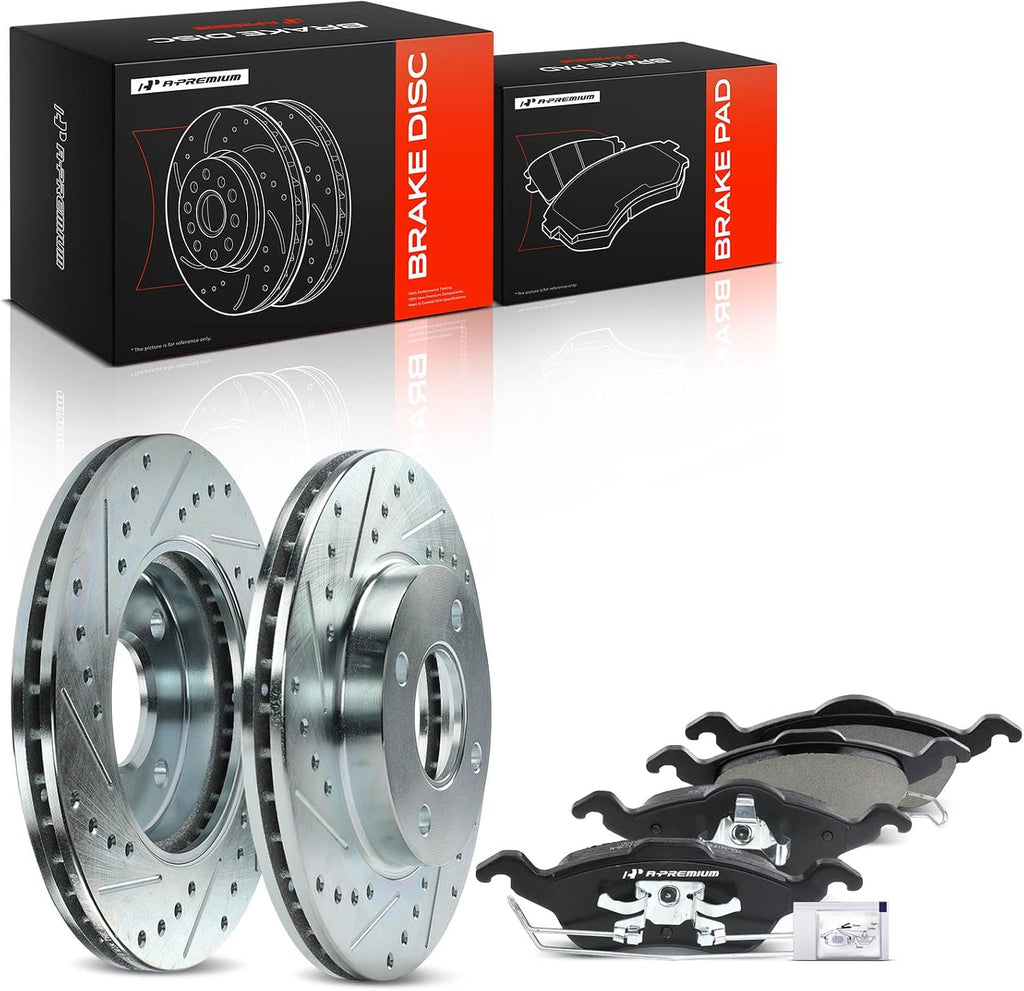 A-Premium 10.16 in (258mm) Front Drilled and Slotted Disc Brake Rotors + Ceramic Pads Kit Compatible with Select Ford Models - Focus 2000 2001 2002 2003 2004, 6-PC Set