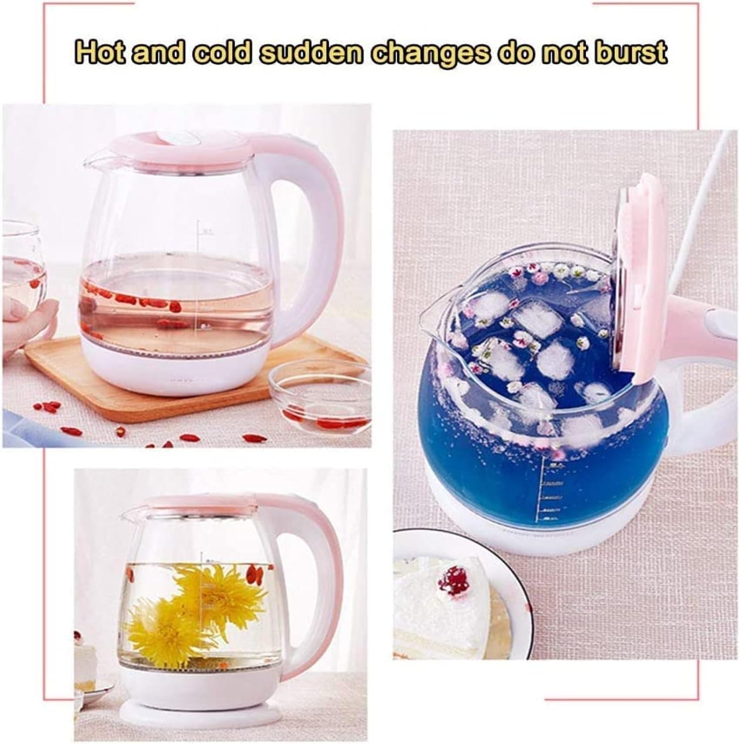 Eco Glass Electric Kettle, 1.8L Cordless Water Kettle with Blue Led Illuminated, Tea Water Kettle, Auto Shut-Off & Boil-Dry Protection, Stainless Steel Inner,Pink