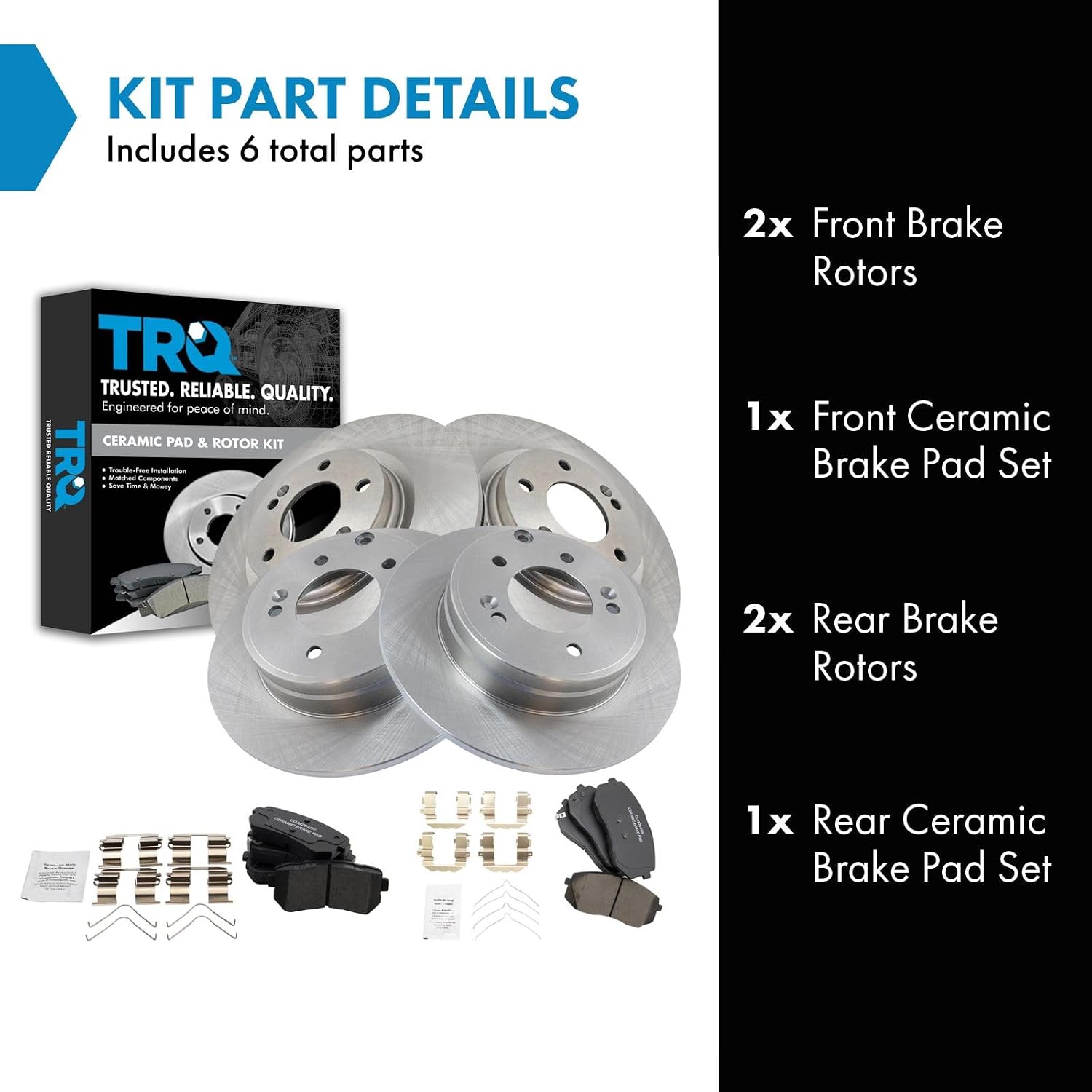 TRQ Front and Rear Brake Pad and Rotor Set Ceramic Vented Solid Rotors 11.18 in 5-Lug for 2016-2019 Hyundai Sonata 2016-2018 Kia Optima