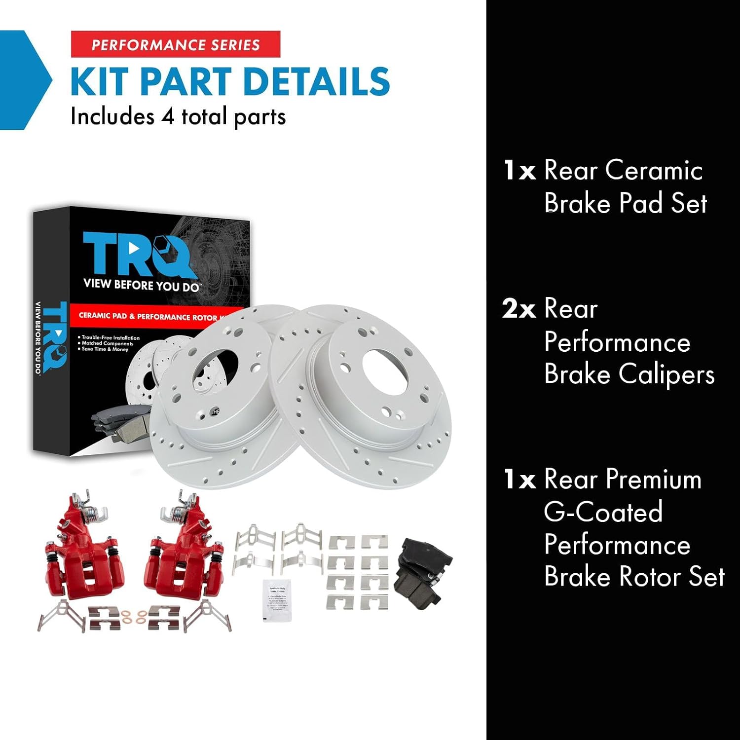 TRQ Performance Rear Brake Pad and Rotor Set Ceramic Coated Slotted Drilled Rotors Calipers Red Compatible with 2004-2008 Acura TSX 2003-2007 Honda Accord