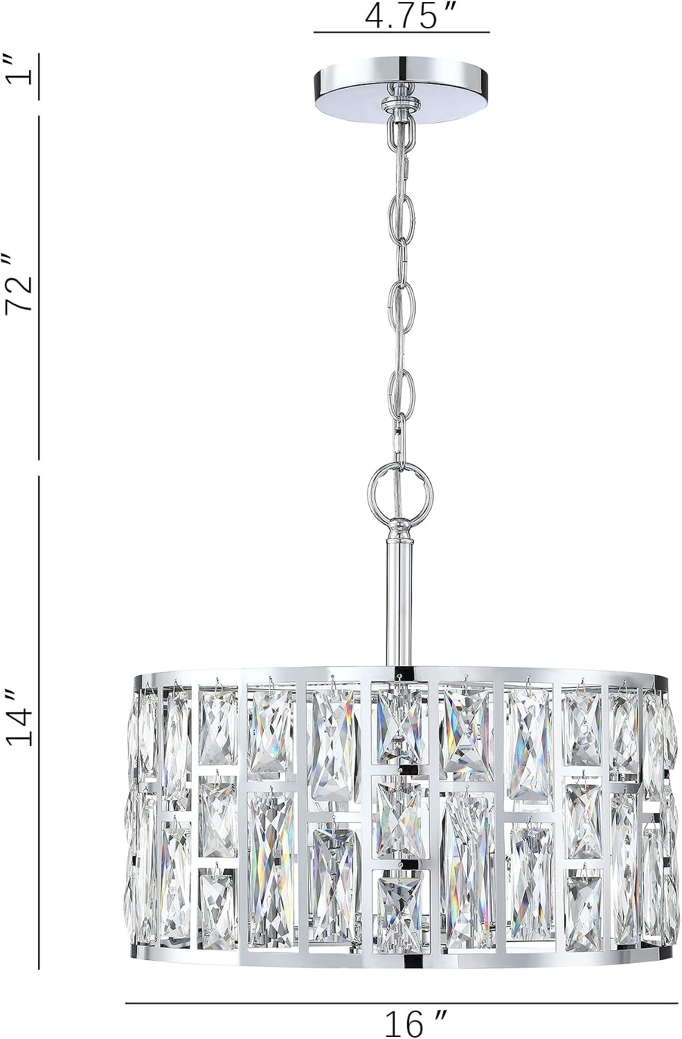 MEXO Farmhouse Crystal Convertible Chandelier and Semi Flush Mount Lighting Chrome Cylinder Drum Shade Pendant for Kitchen Island Dining Room Bedroom Hallway