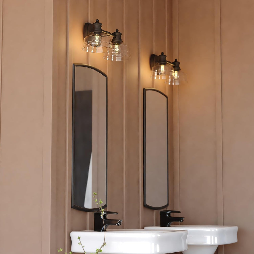 VAXCEL Beloit 2-Light 17 inch Wide Matte Black Farmhouse Bathroom Vanity Lighting Fixture, Clear Seeded Glass Shade, Dimmable, LED Compatible, Over the Mirror Mounted Metal Wall Sconce