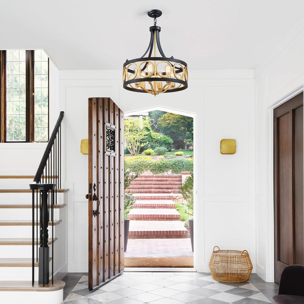 XINGQI 22' Black Gold Chandeliers for Dining Room Drum 6-Light Modern Pendant Lighting Fixture Over Table Rustic Metal Round Adjustable Height Hanging Lamp for Living Room Kitchen Island