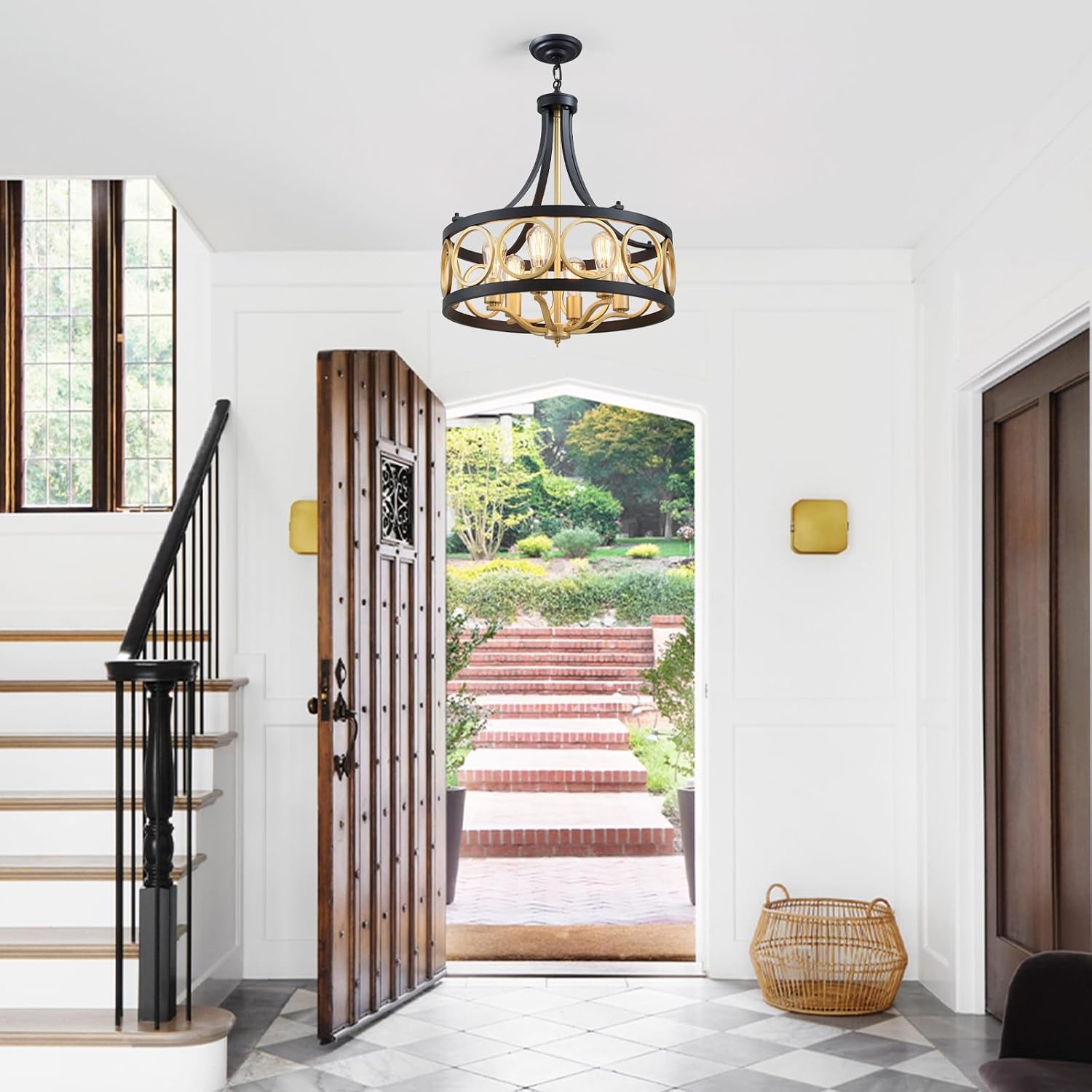 XINGQI 22' Black Gold Chandeliers for Dining Room Drum 6-Light Modern Pendant Lighting Fixture Over Table Rustic Metal Round Adjustable Height Hanging Lamp for Living Room Kitchen Island