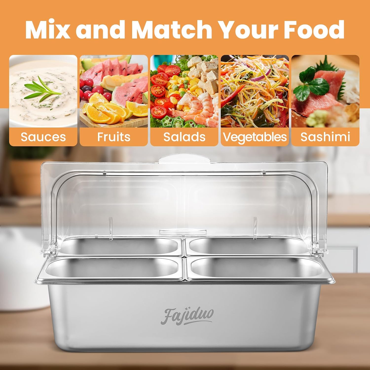 Countertop Ice Food Serving Display Container, Spice Display Salad Dressing Cooler, Stainless Steel Food Serving Tray Buffet Condiment Dispenser with Clear Roll Top Cover, Clamps, Spoons, Ice Packs
