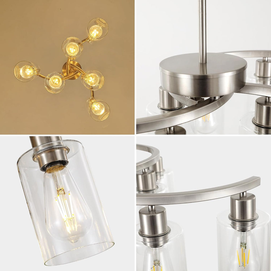 Sigaitwei 6 Light Farmhouse Brushed Nickel Chandelier,21.7' Modern Chandeliers for Dining Room Light Fixtures Over Table,Pendant Lights Kitchen Island,Metal Bracket with Downward Clear Glass Shade