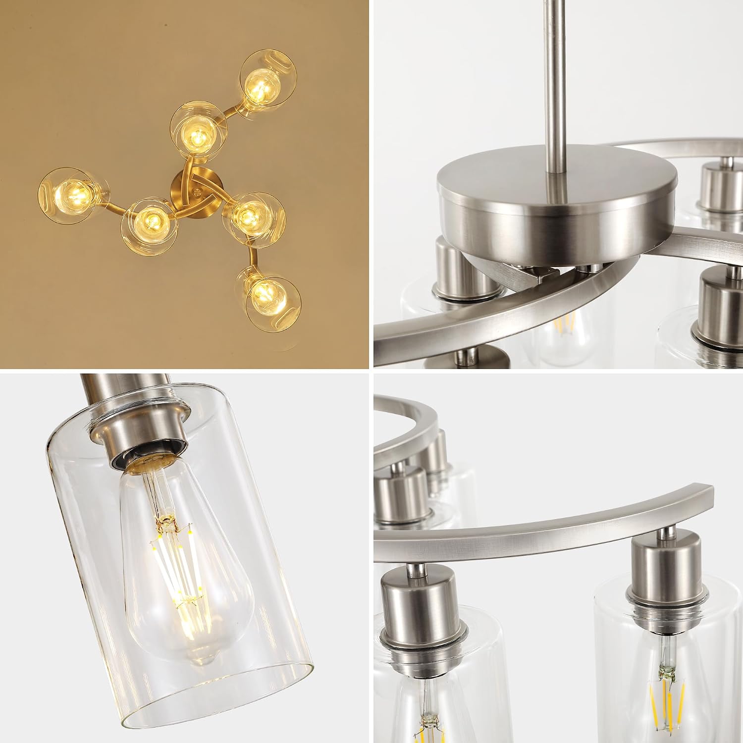Sigaitwei 6 Light Farmhouse Brushed Nickel Chandelier,21.7' Modern Chandeliers for Dining Room Light Fixtures Over Table,Pendant Lights Kitchen Island,Metal Bracket with Downward Clear Glass Shade