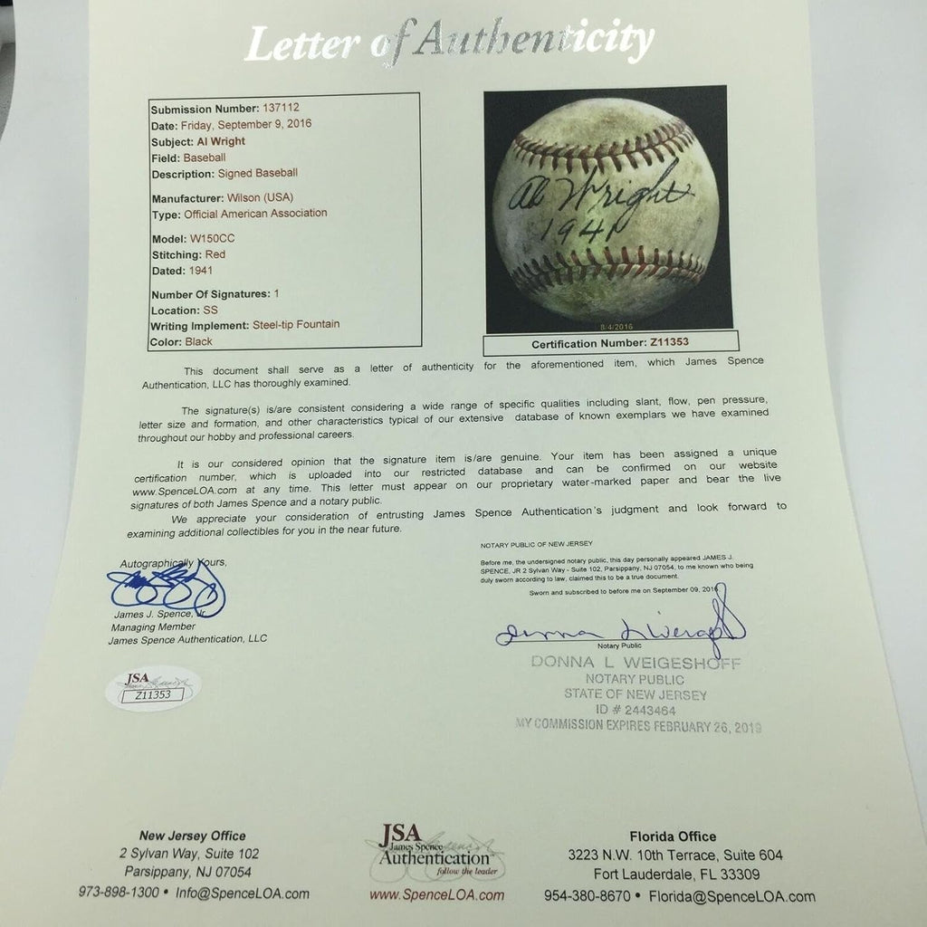Rare 1941 AB Wright Single Signed Game Used Minor League Baseball JSA COA - MLB Game Used Baseballs