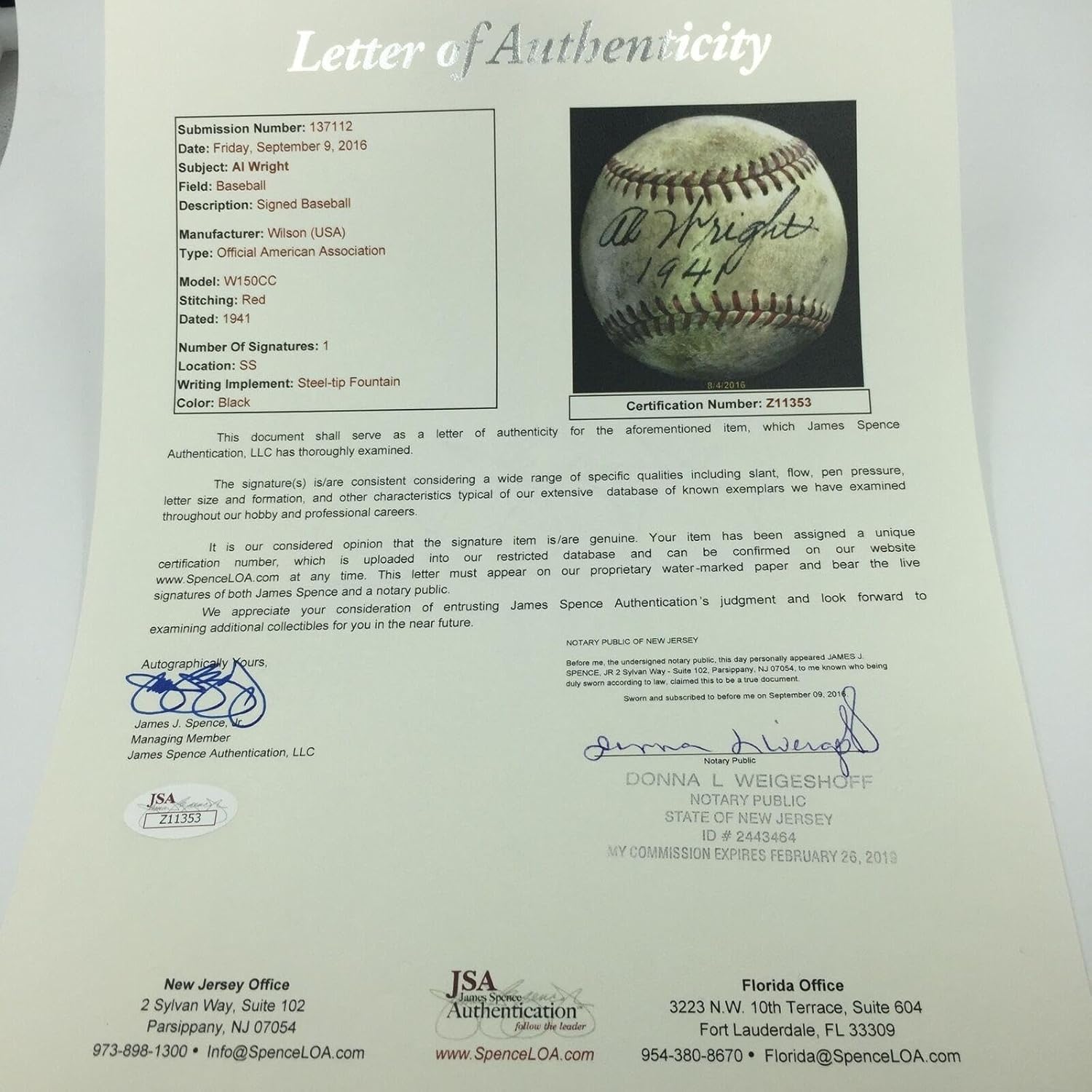 Rare 1941 AB Wright Single Signed Game Used Minor League Baseball JSA COA - MLB Game Used Baseballs