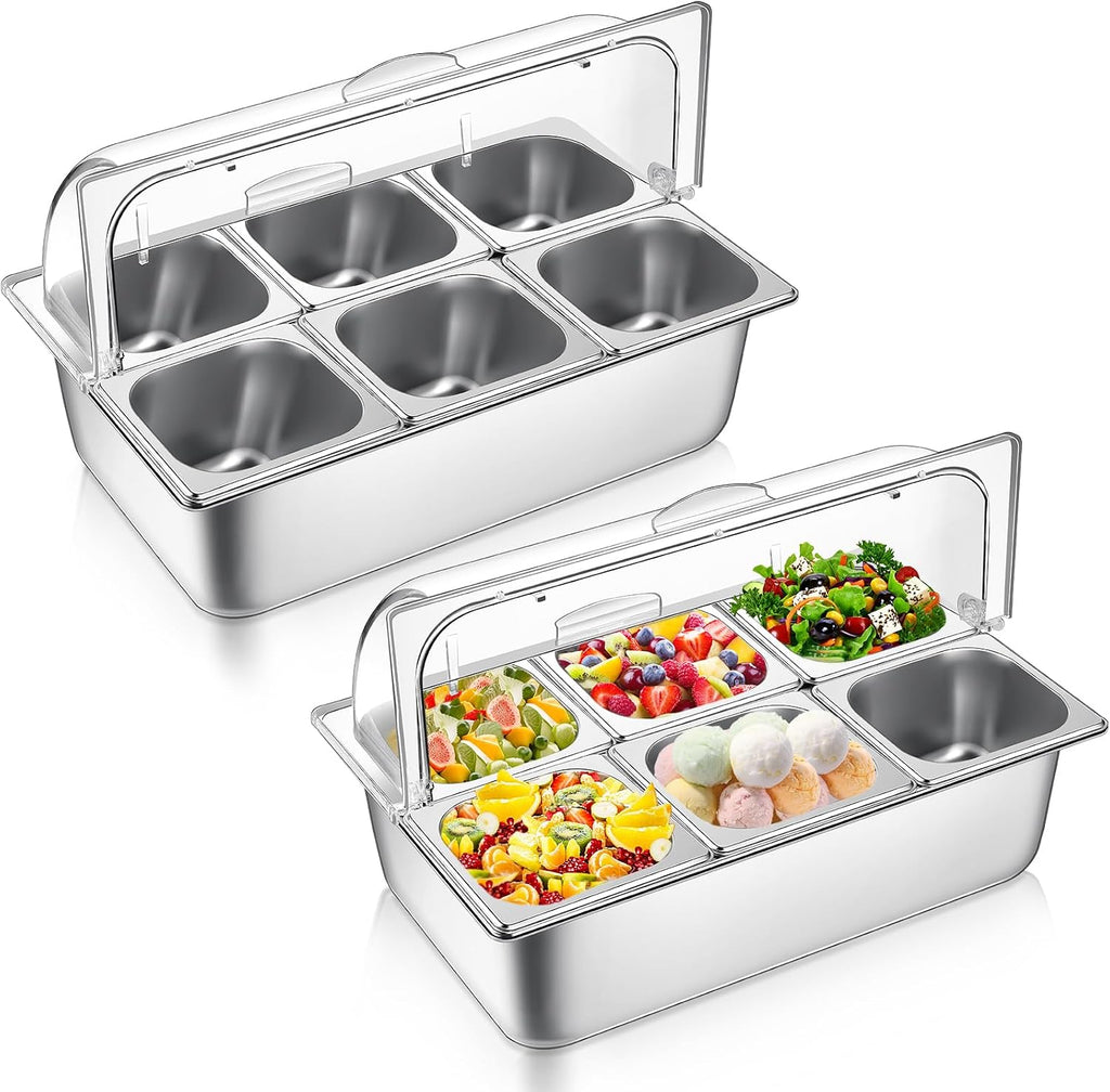 Ziliny 2 Pack Countertop Food Serving Display Container Stainless Steel Food Serving Tray Buffet Condiment Dispenser Display Rack with Clear Roll Top Cover for Buffet(6 Pan and 6 Pan)