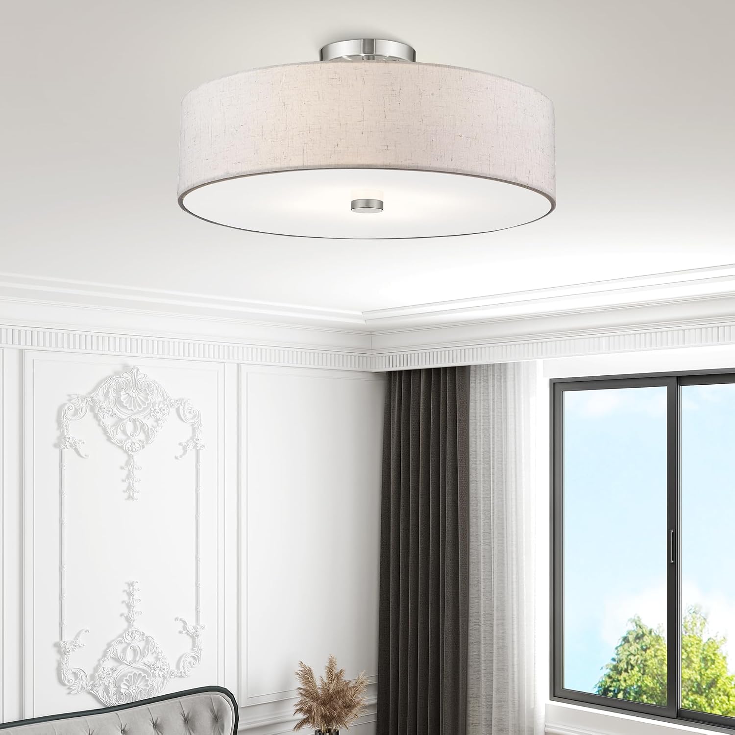 Livex Lighting 52136-91 Meridian Collection 4-Light Semi Flush Mount Ceiling Fixture with Oatmeal Color Fabric Hardback Drum Shade and Satin White Diffuser, Brushed Nickel