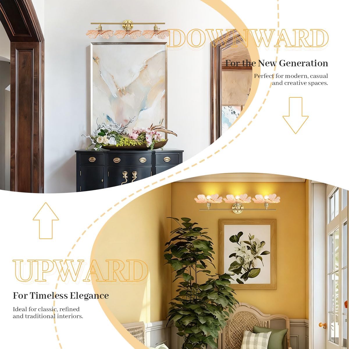 Gold Brass Bathroom Lighting Fixtures 3 Light Vintage Retro Wall Mount Light with Amber Flower Petal Glass Shade, Mid Century Vanity Lights Over Mirror for Living Room Hallway