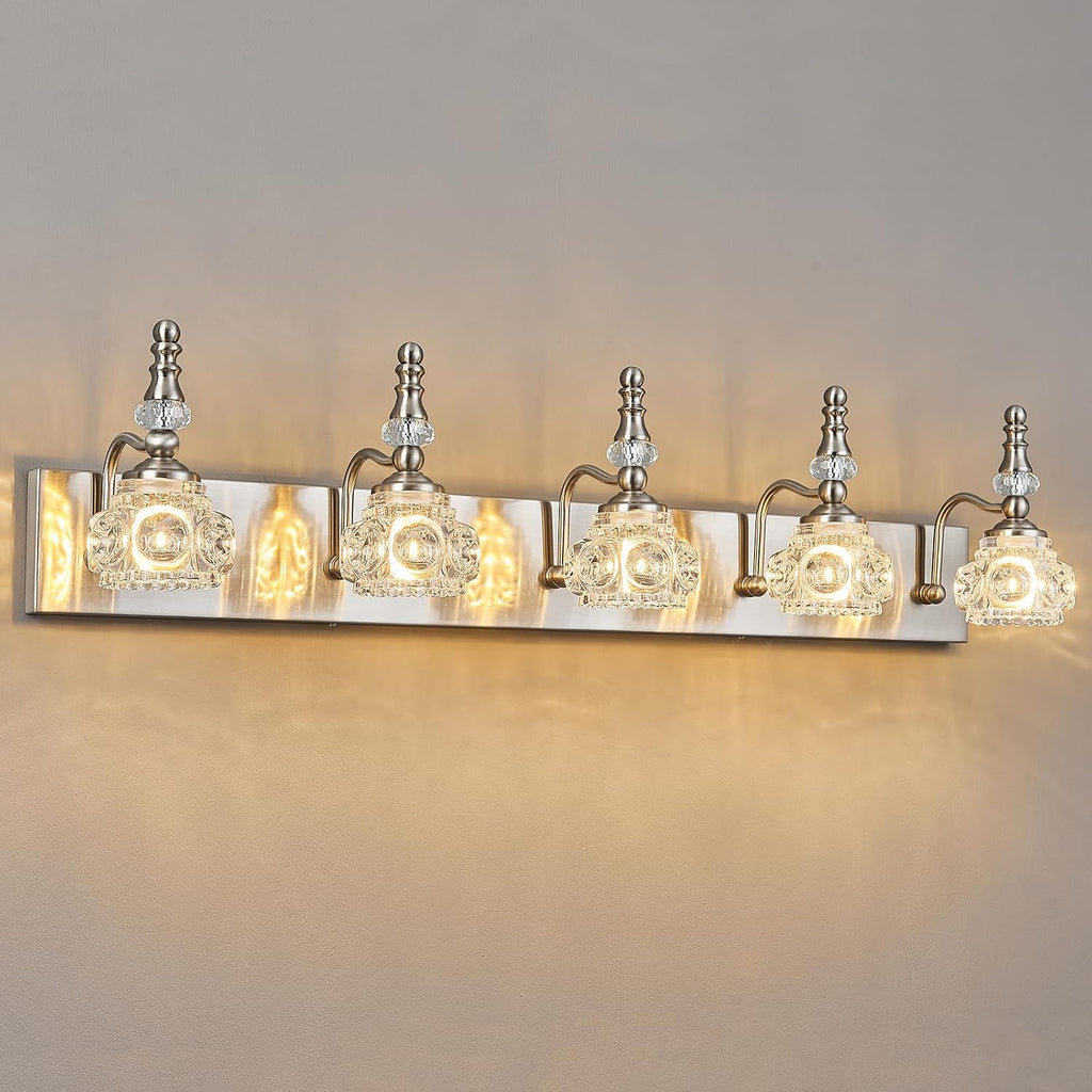 Modern Glass Crystal Vanity Light - Vintage Bathroom Lighting Fixtures Over Mirror, 5 Light Vanity Lights G9 Bulb (35.43 Inch, Nickel)