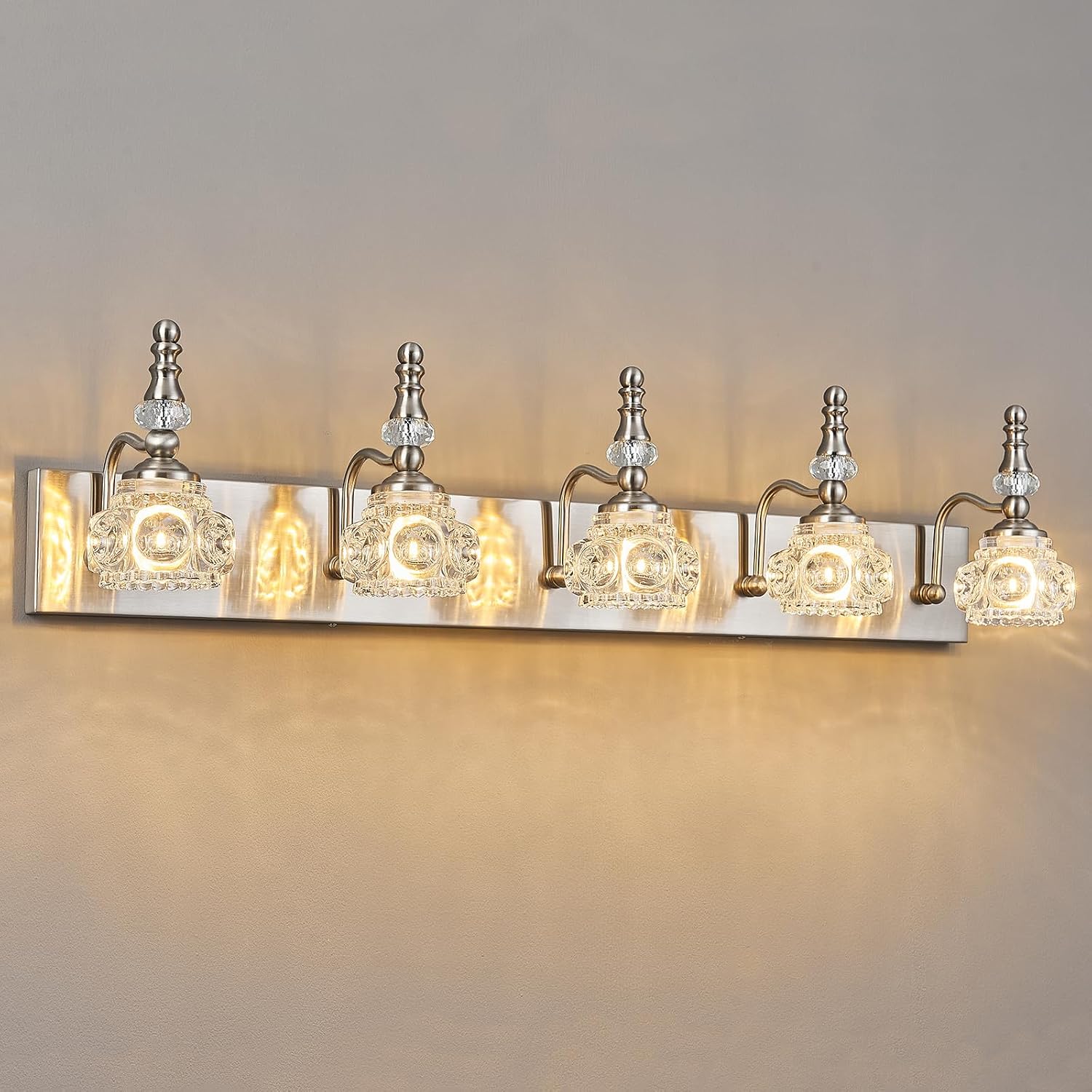 Modern Glass Crystal Vanity Light - Vintage Bathroom Lighting Fixtures Over Mirror, 5 Light Vanity Lights G9 Bulb (35.43 Inch, Nickel)